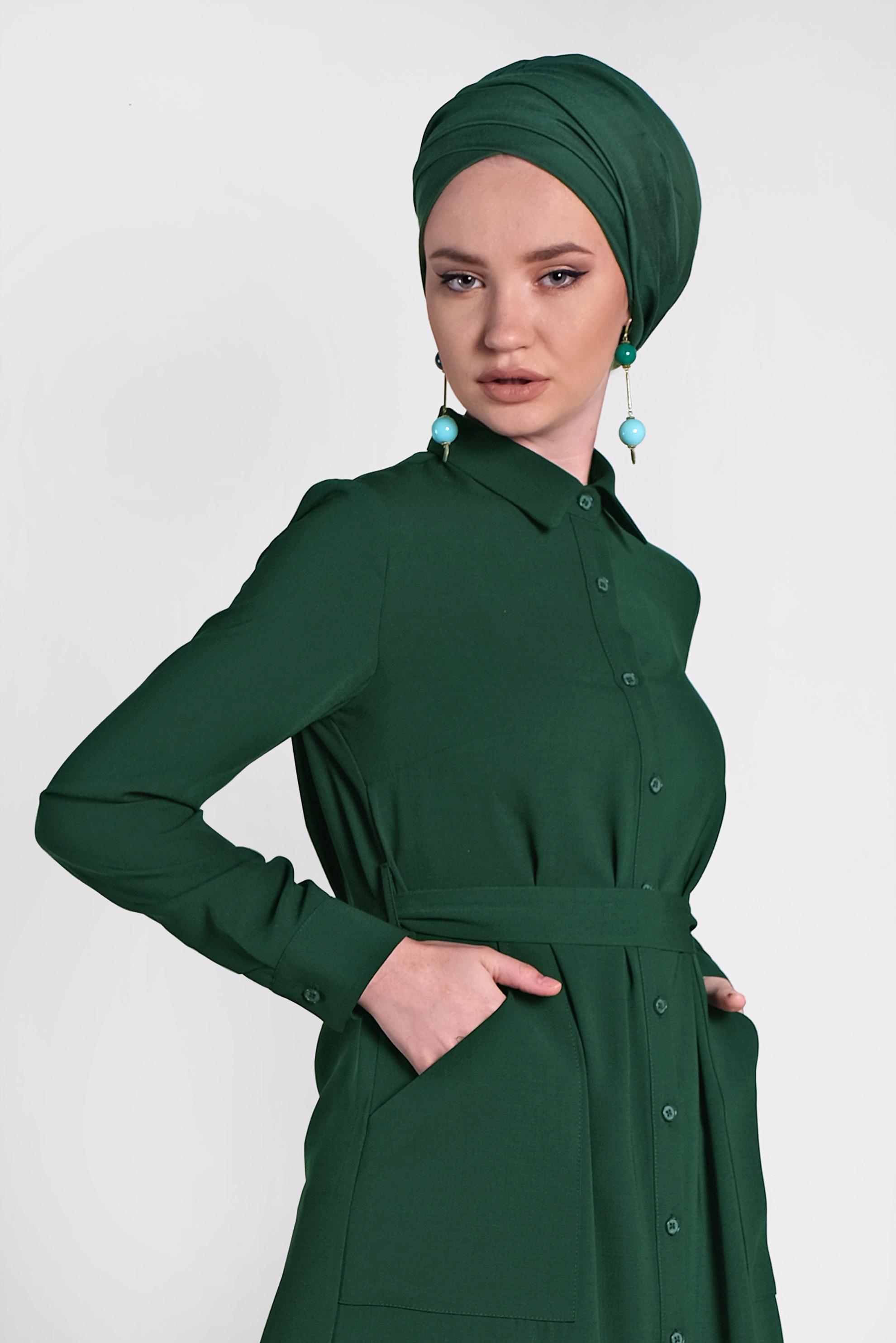 Tesettür giyim YEŞİL KUŞAKLI CEPLİ TUNİK 4273