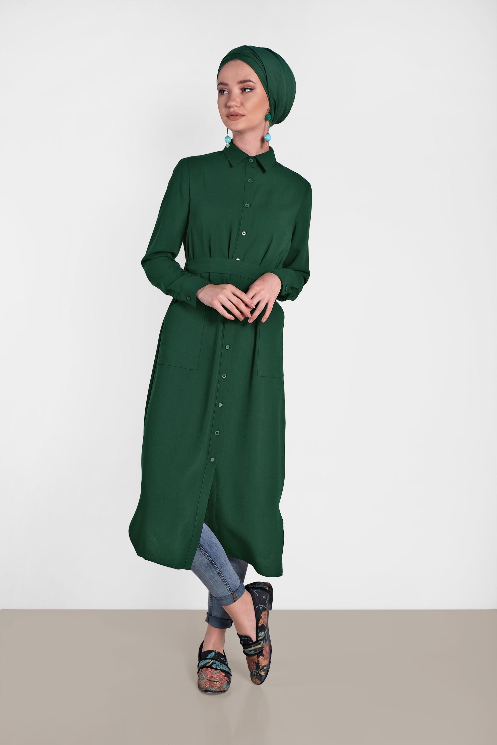 Tesettür giyim YEŞİL KUŞAKLI CEPLİ TUNİK 4273