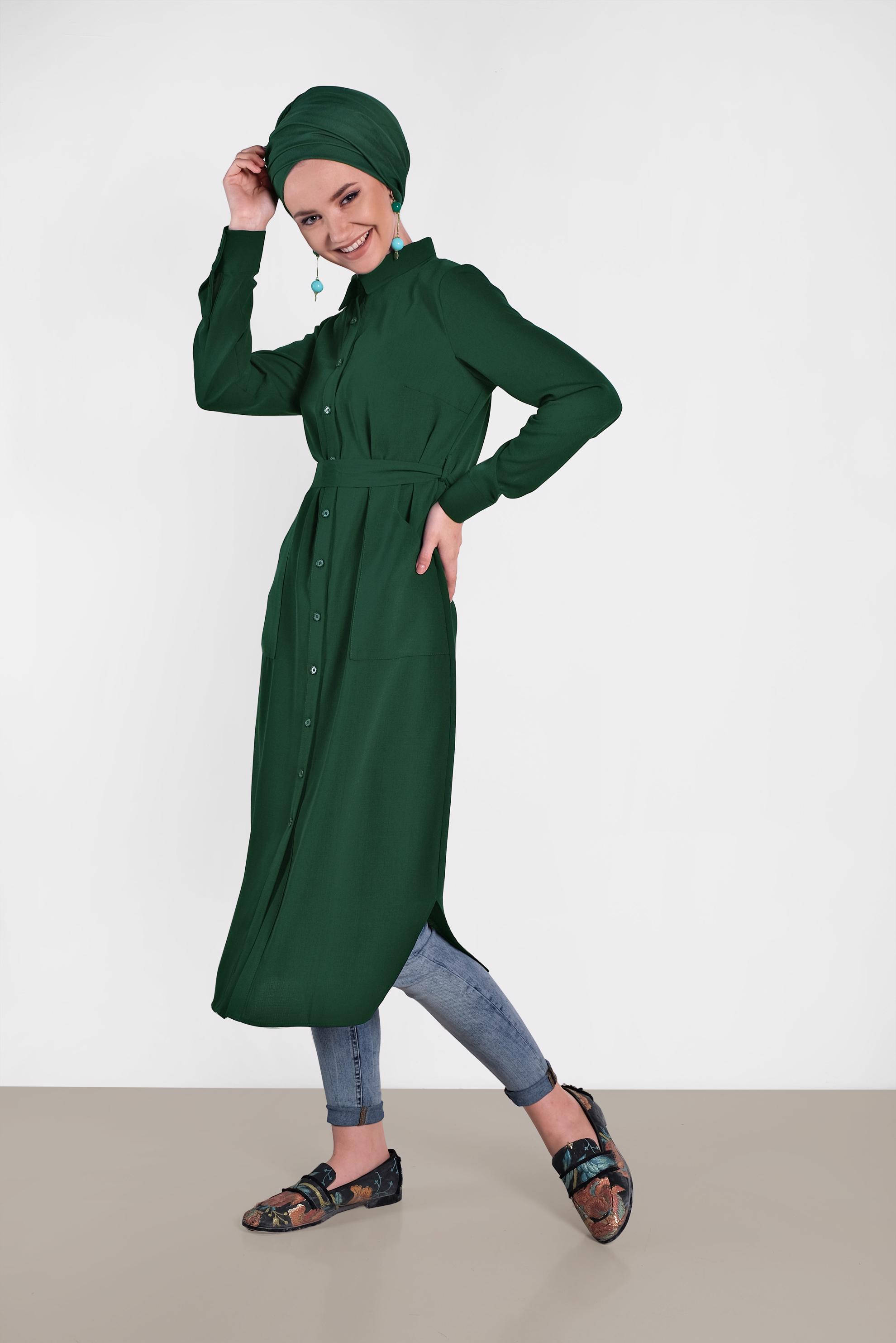 Tesettür giyim YEŞİL KUŞAKLI CEPLİ TUNİK 4273