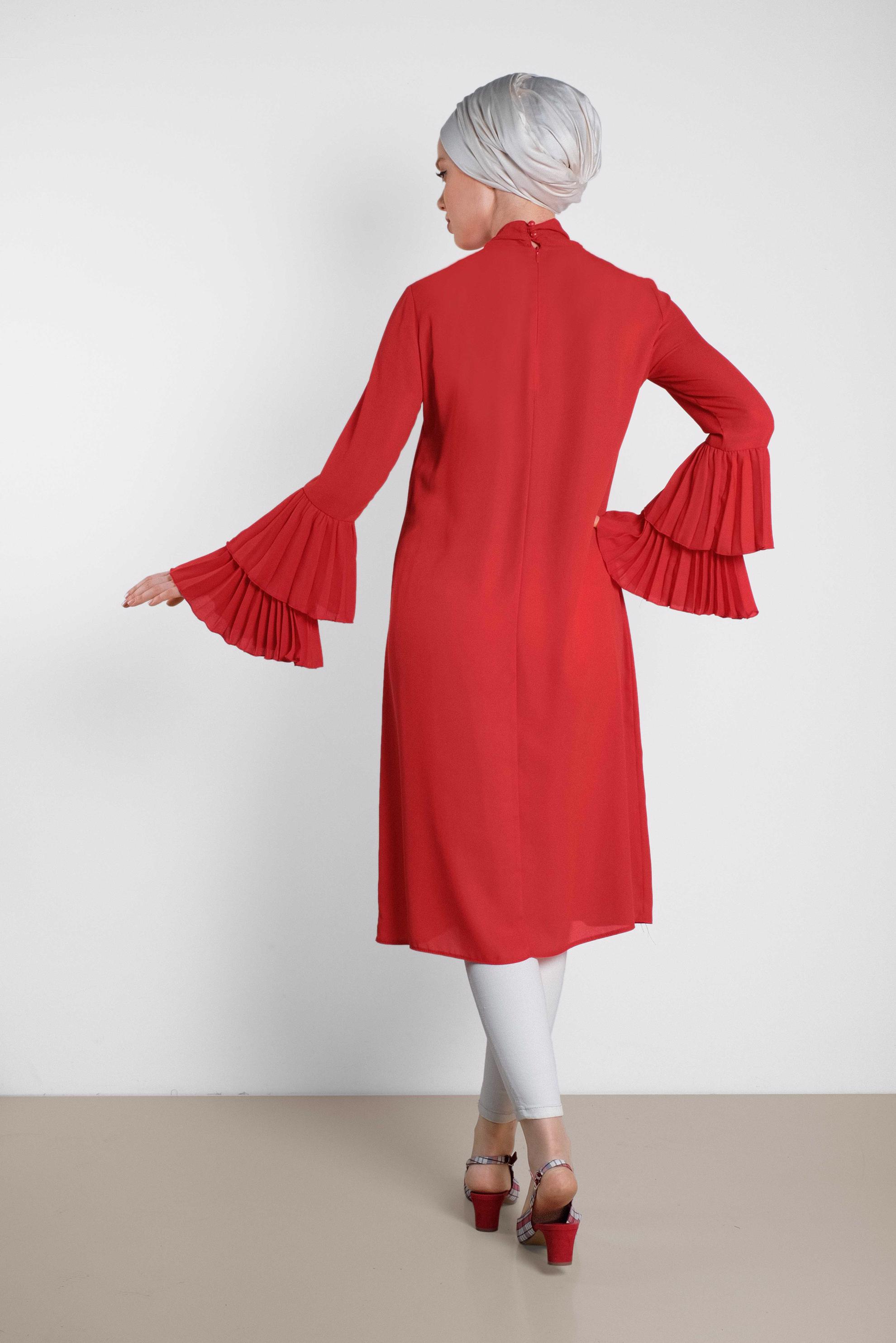 Tesettür giyim KIRMIZI PİLİSE KOLLU SALAŞ TUNİK 4285