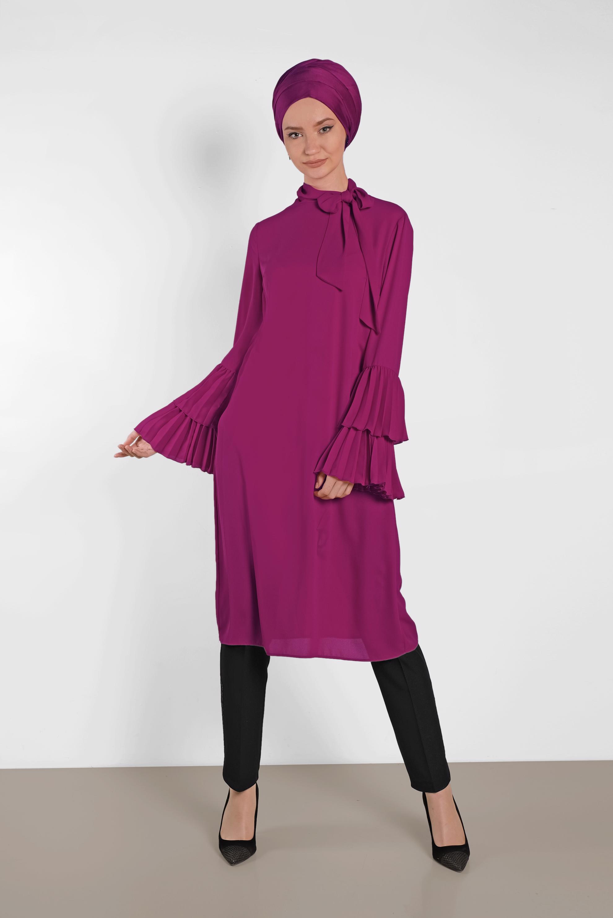 Tesettür giyim MOR PİLİSE KOLLU SALAŞ TUNİK 4285