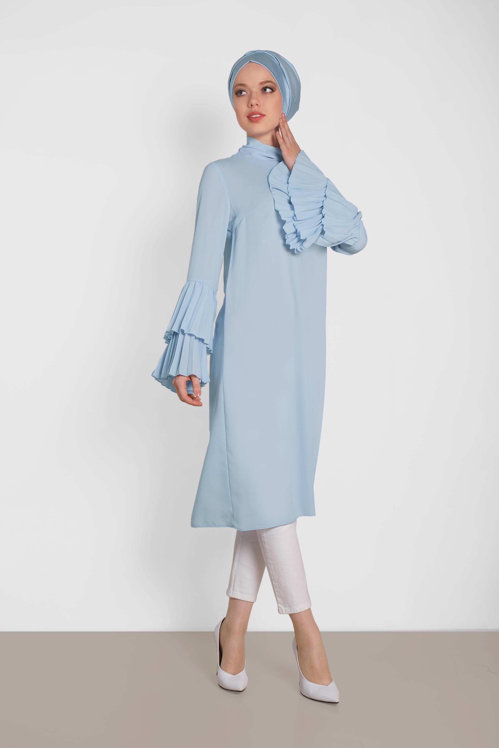 Tesettür giyim MAVİ PİLİSE KOLLU SALAŞ TUNİK 4285