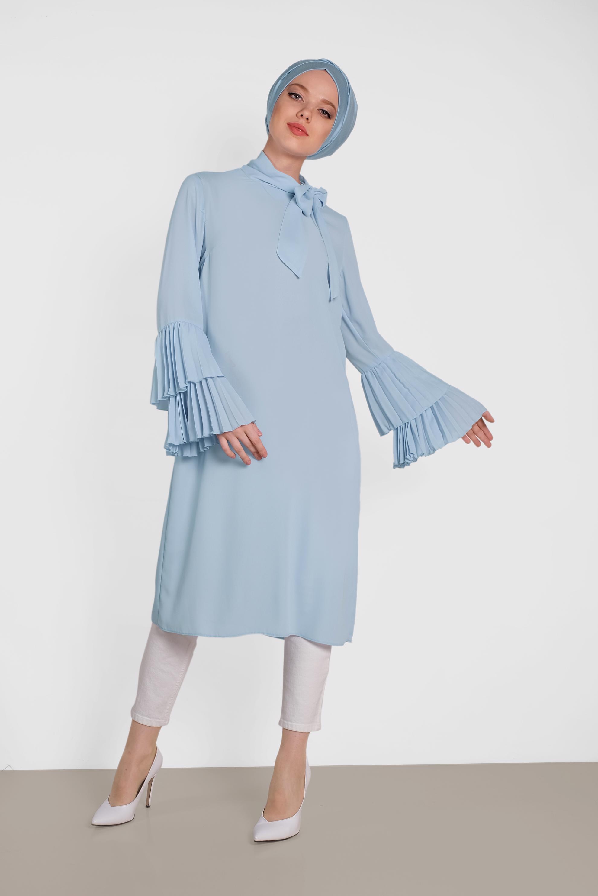 Tesettür giyim MAVİ PİLİSE KOLLU SALAŞ TUNİK 4285