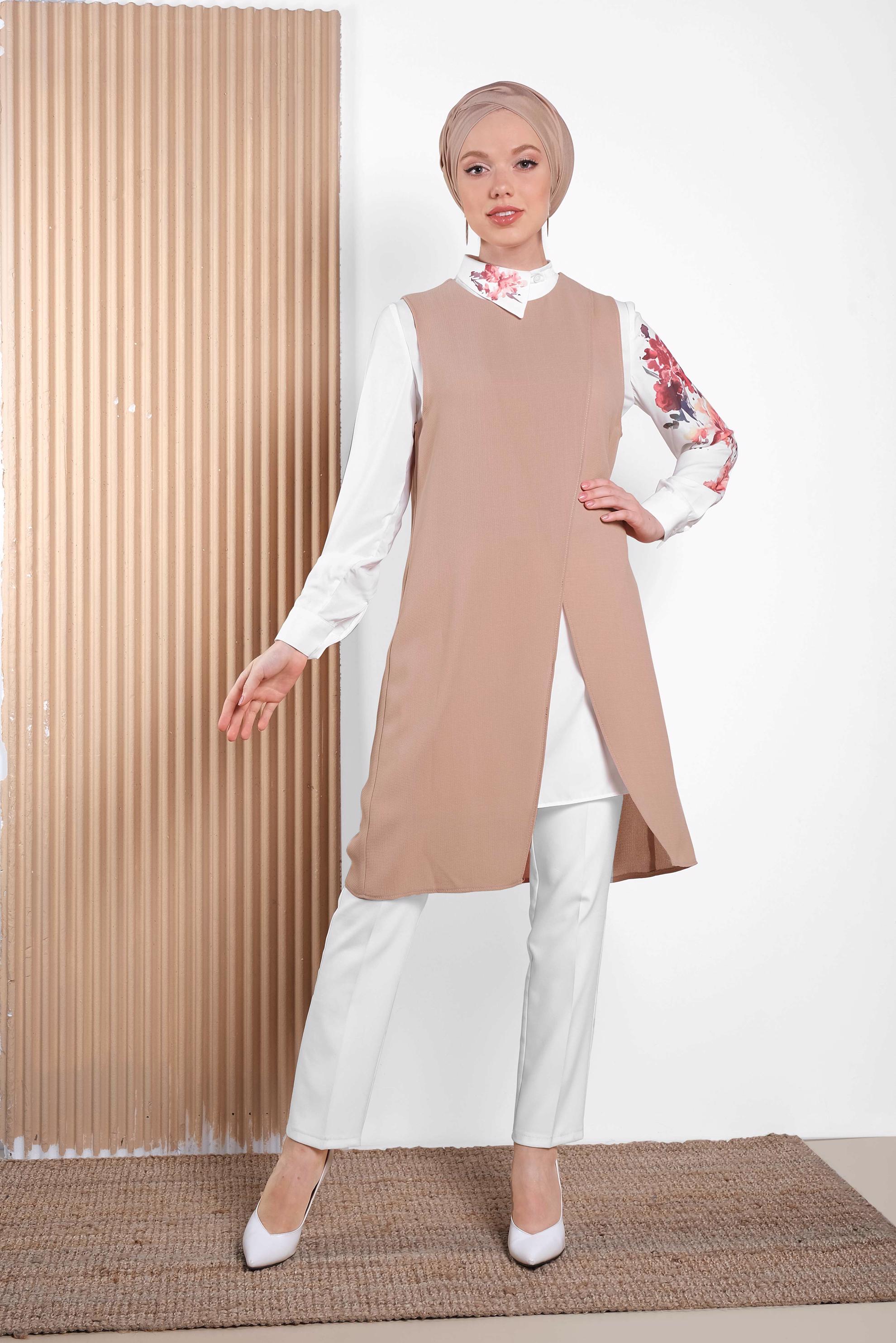 Tesettür giyim KAHVE ÇİÇEK BASKILI İKİLİ TUNİK 4287