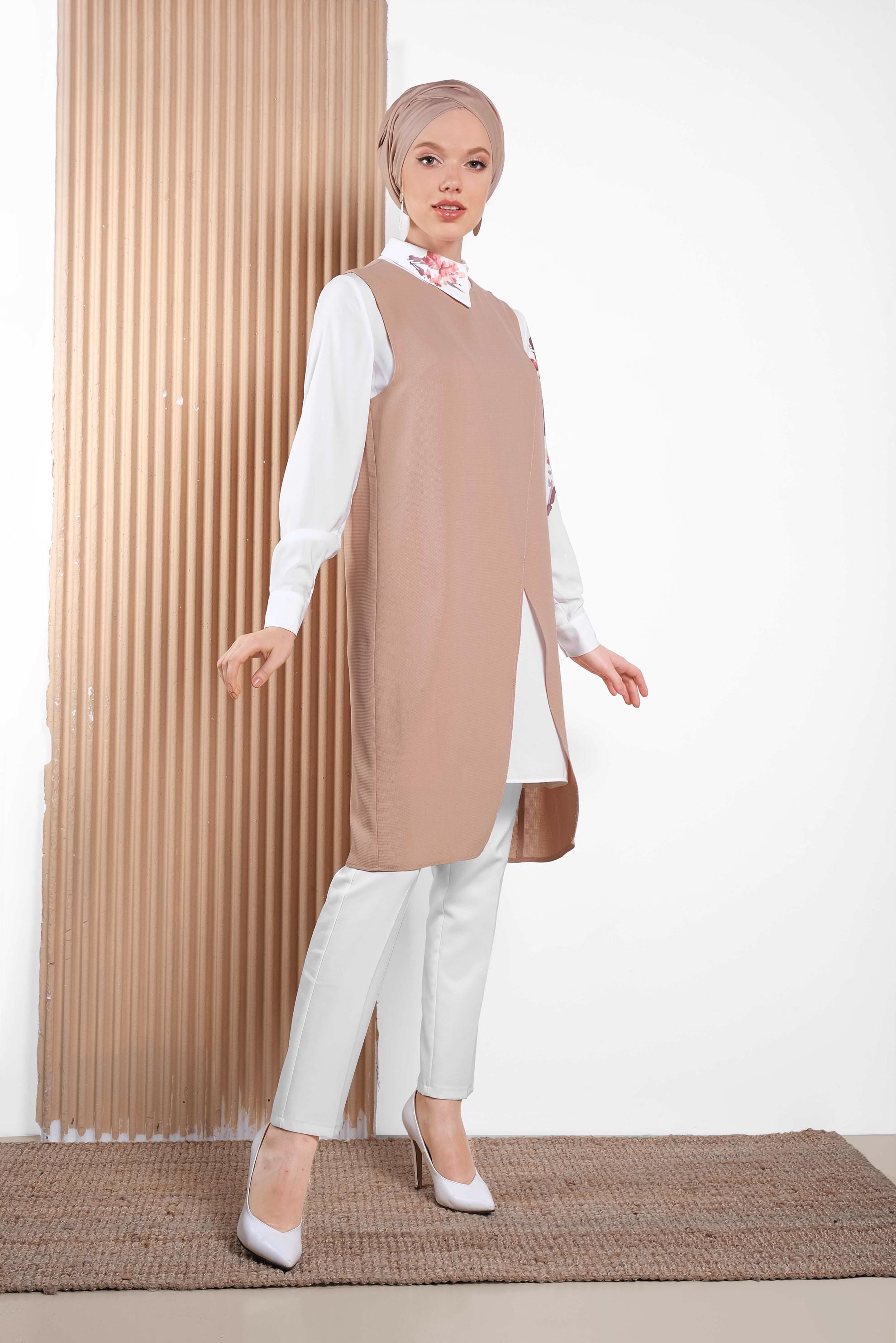 Tesettür giyim KAHVE ÇİÇEK BASKILI İKİLİ TUNİK 4287