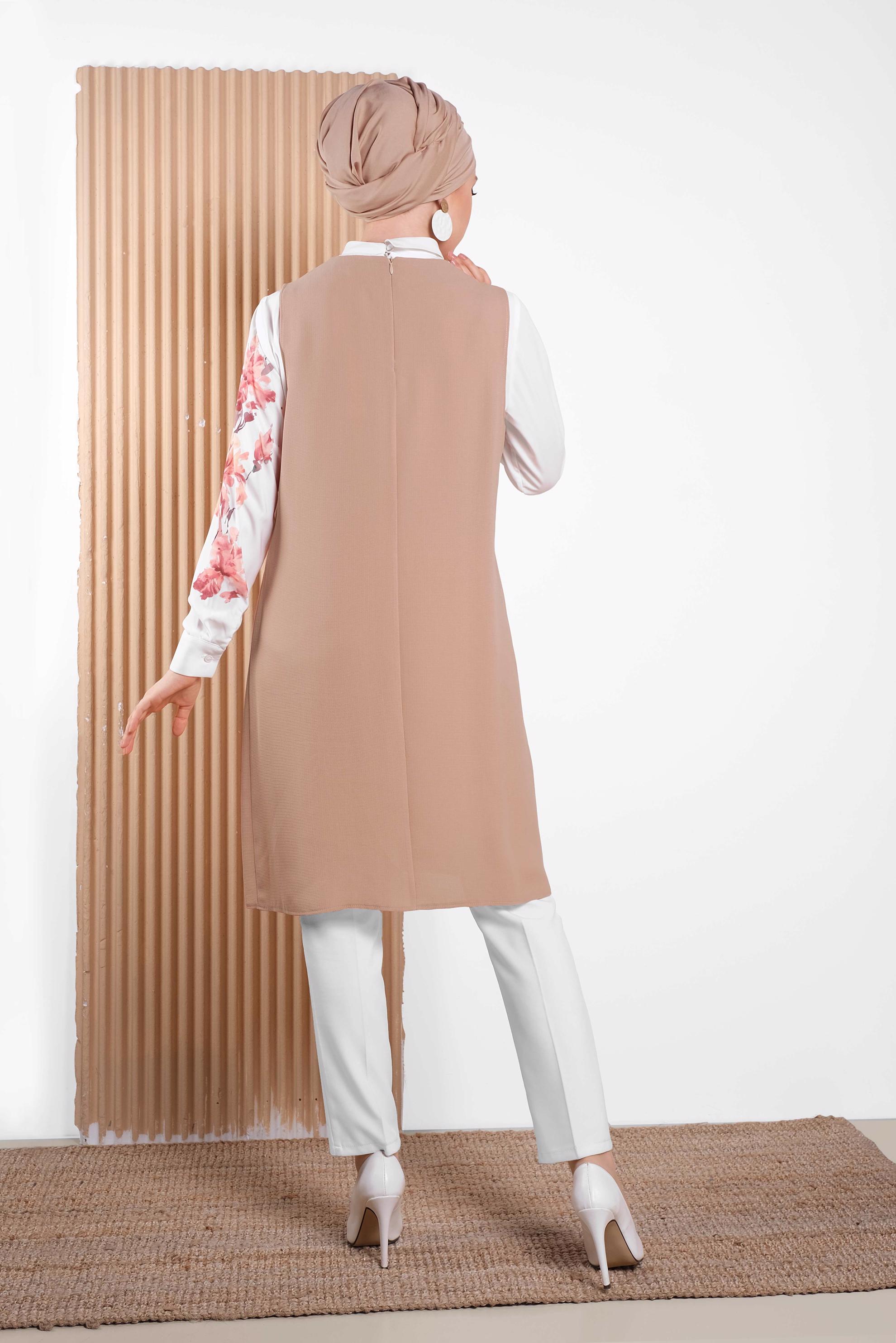 Tesettür giyim KAHVE ÇİÇEK BASKILI İKİLİ TUNİK 4287