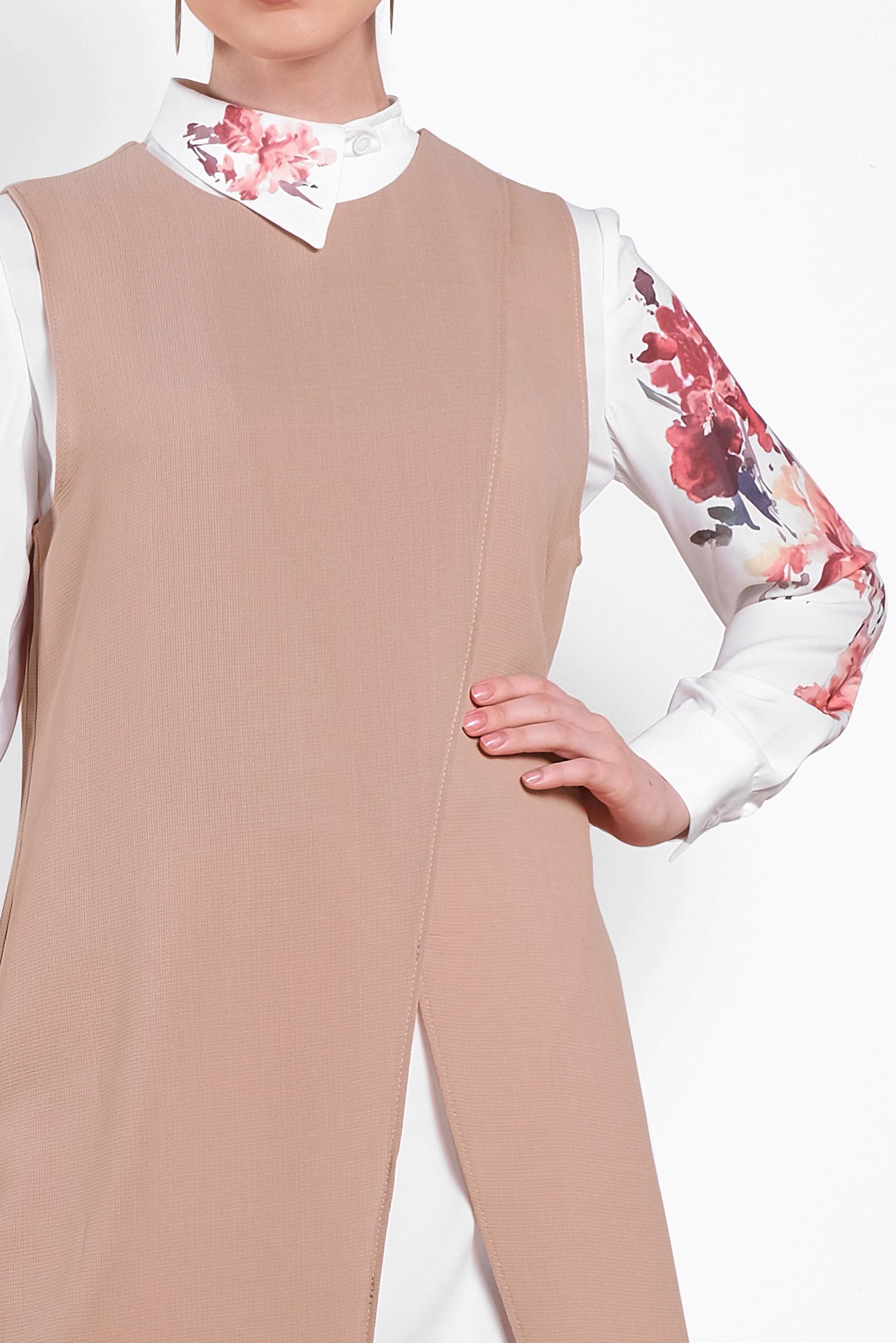 Tesettür giyim KAHVE ÇİÇEK BASKILI İKİLİ TUNİK 4287