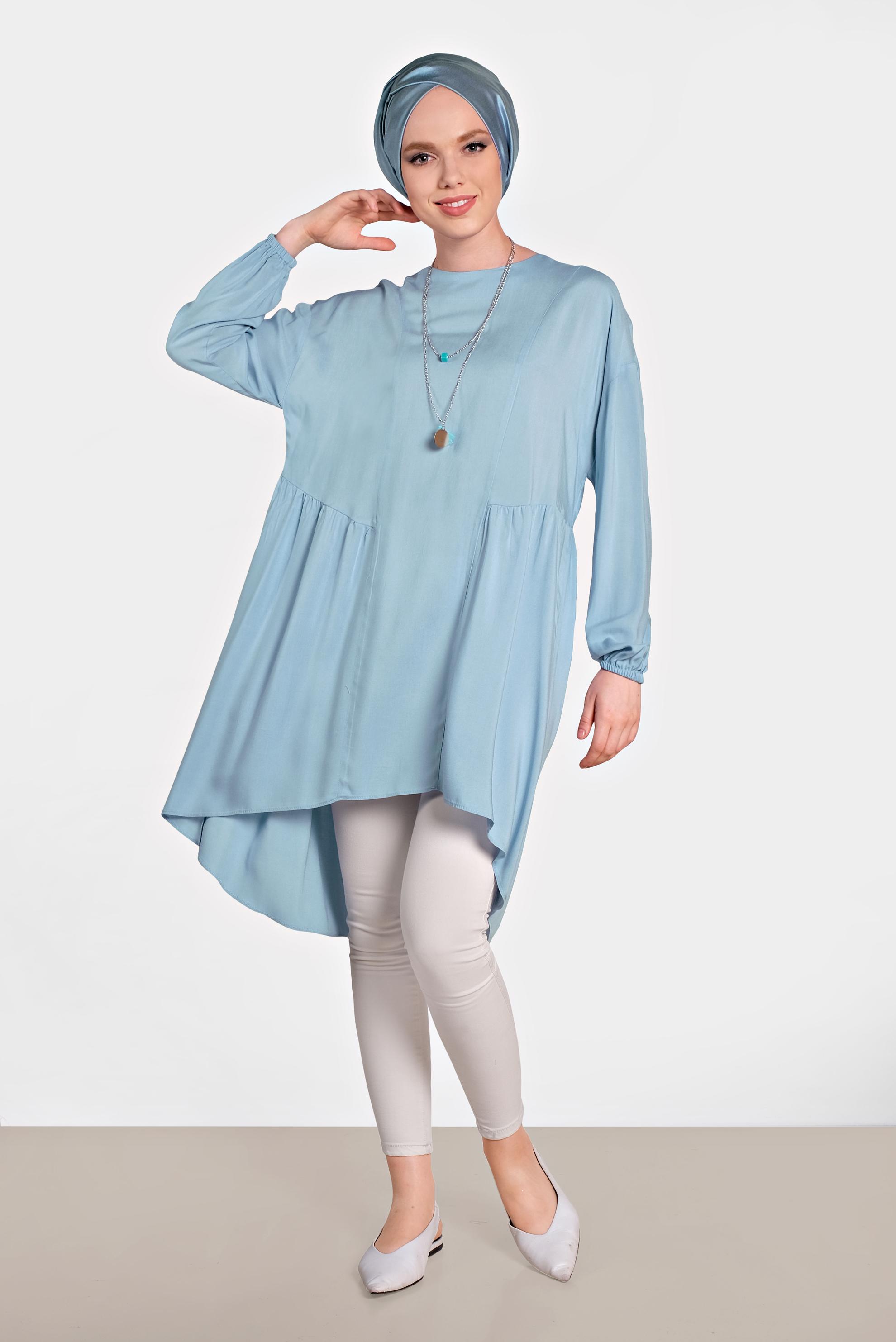 Tesettür giyim MAVİ KOLLARI LASTİK DETAYLI TUNİK 4300