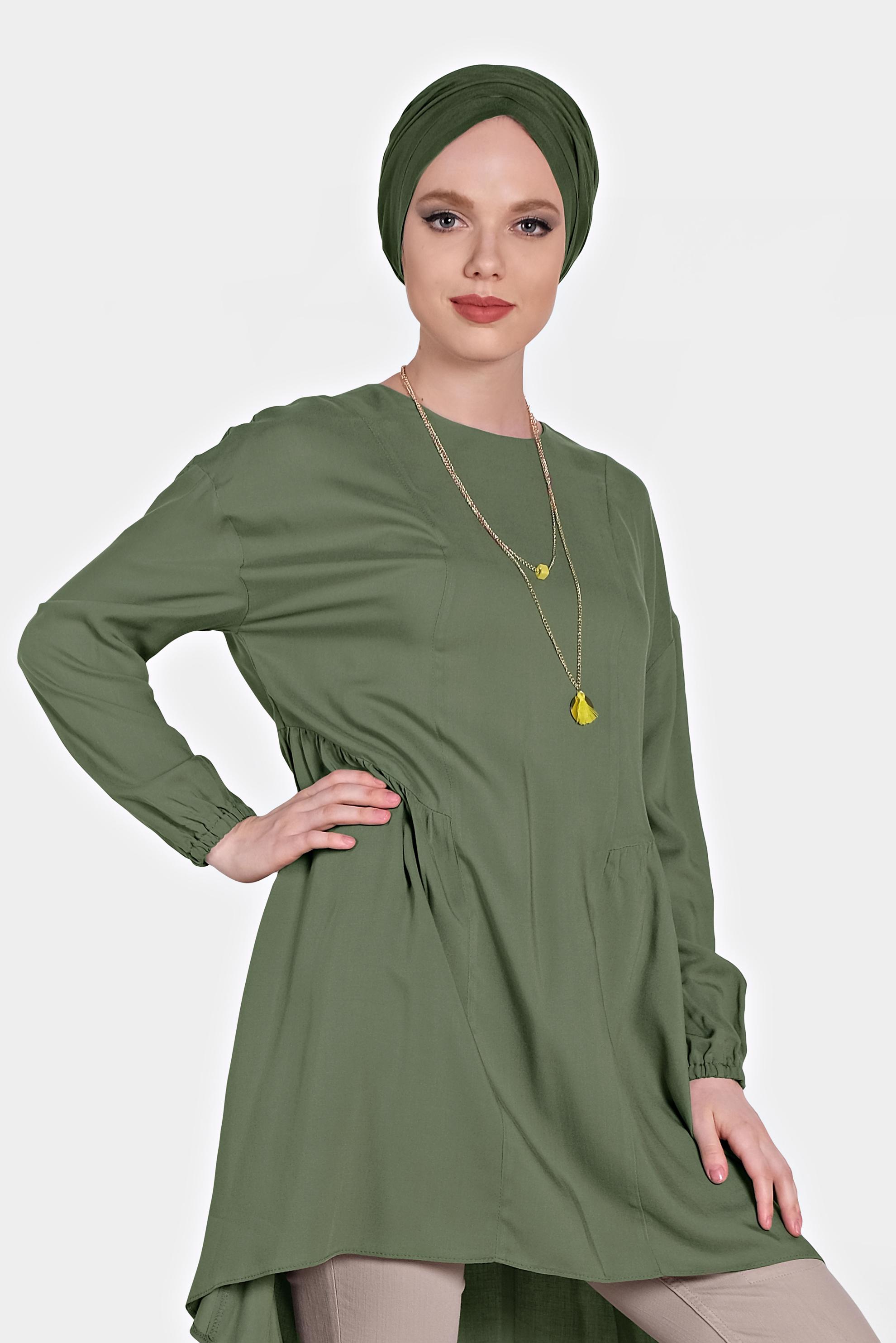 Tesettür giyim HAKİ KOLLARI LASTİK DETAYLI TUNİK 4300