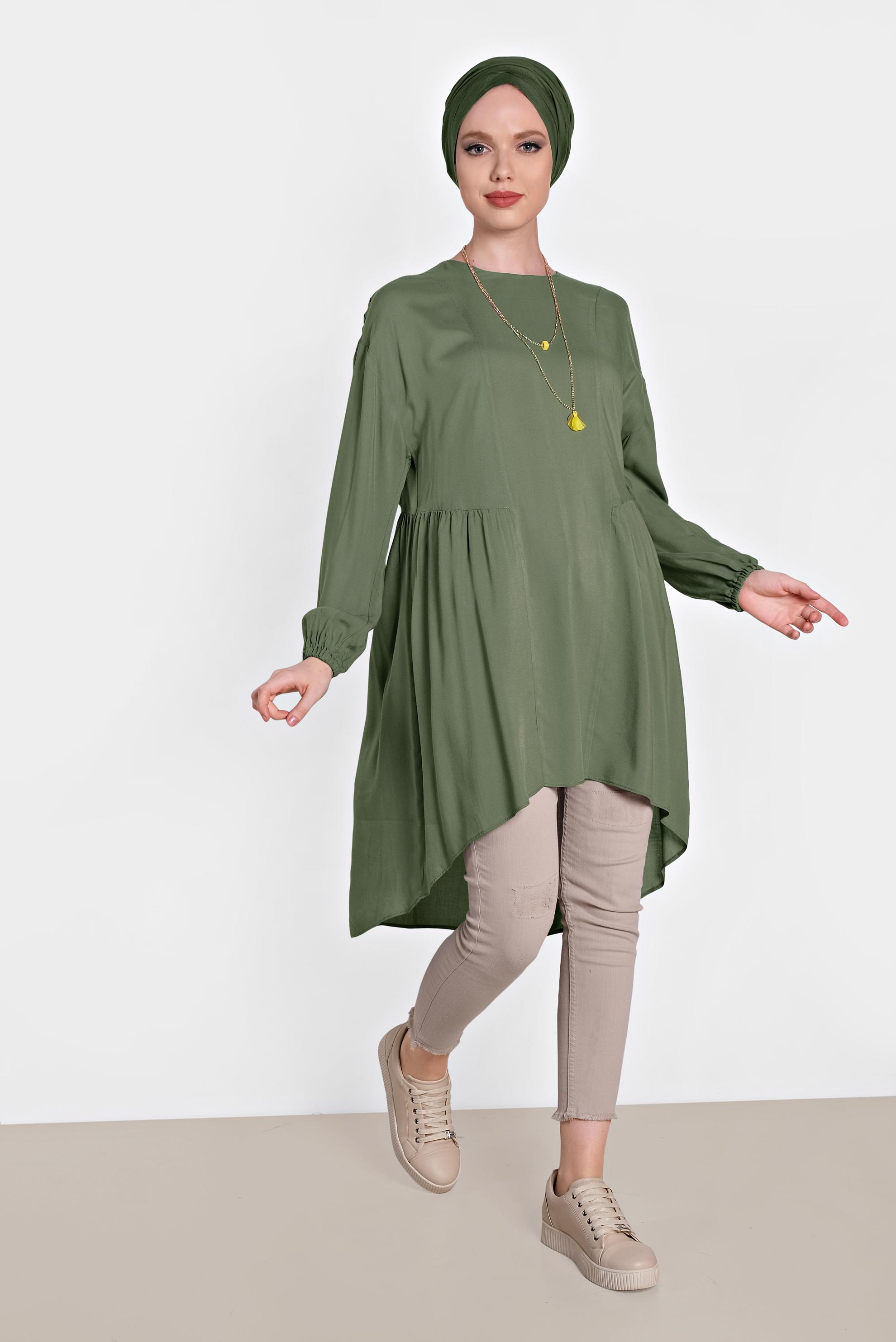 Tesettür giyim HAKİ KOLLARI LASTİK DETAYLI TUNİK 4300