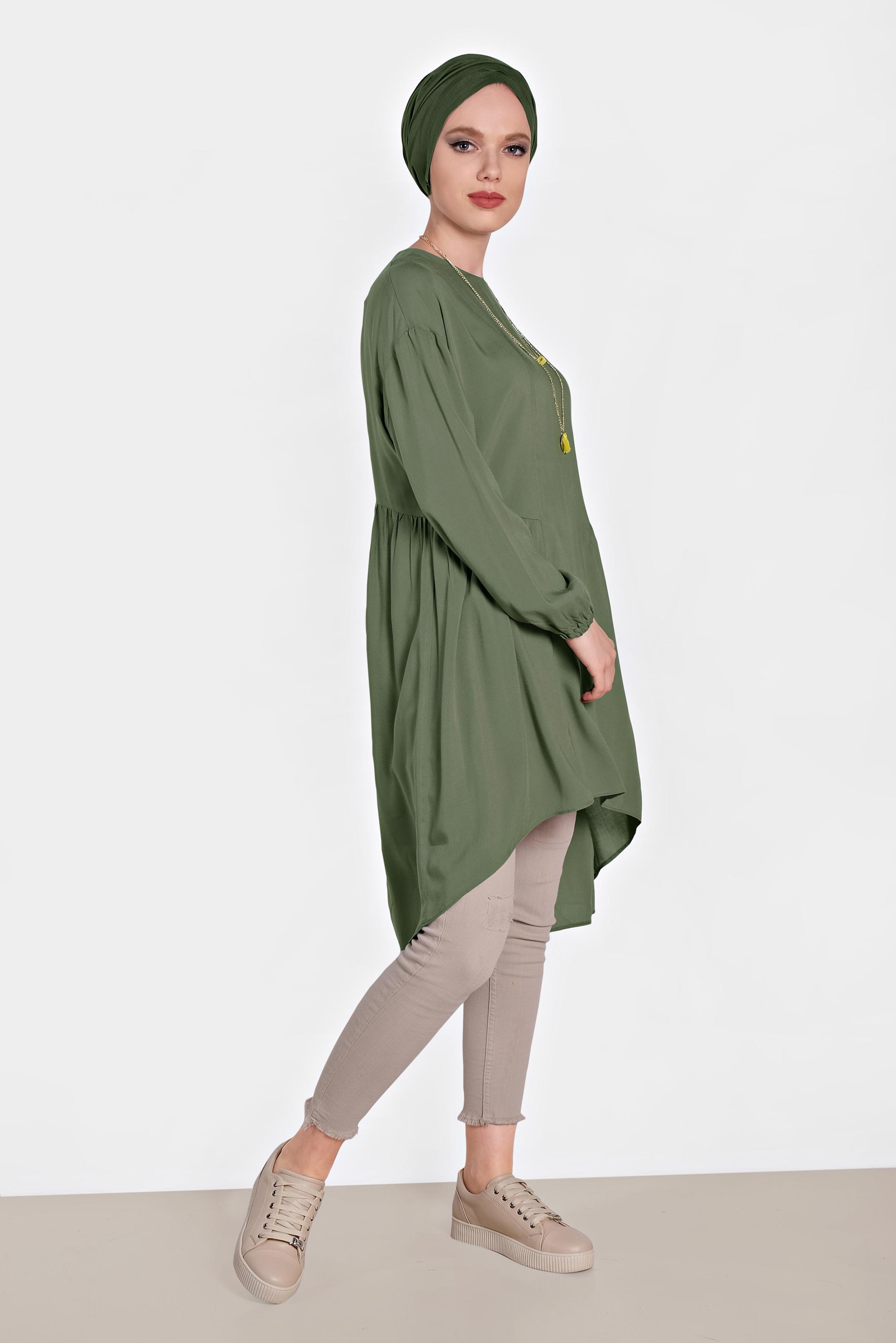 Tesettür giyim HAKİ KOLLARI LASTİK DETAYLI TUNİK 4300