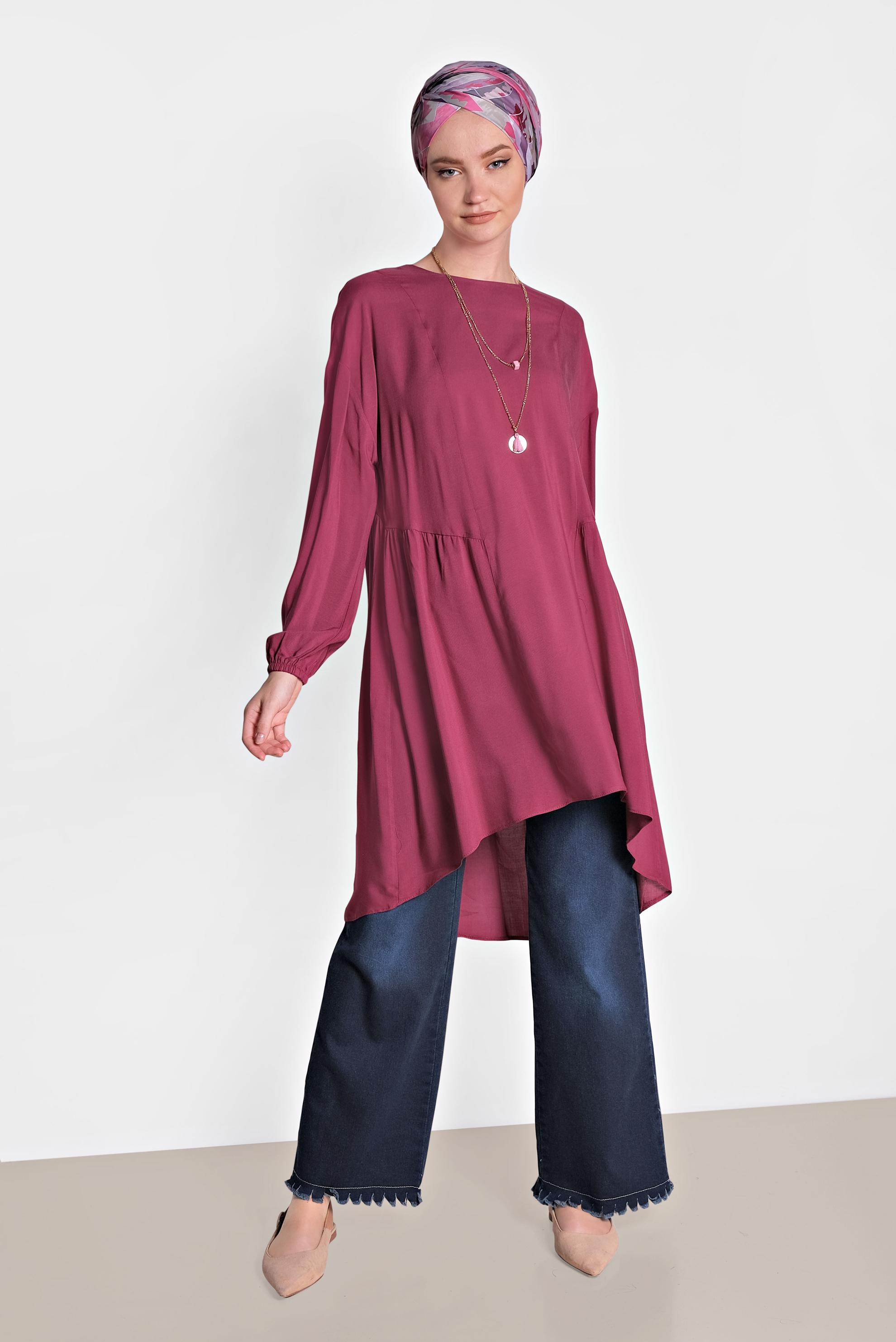 Tesettür giyim MOR KOLLARI LASTİK DETAYLI TUNİK 4300