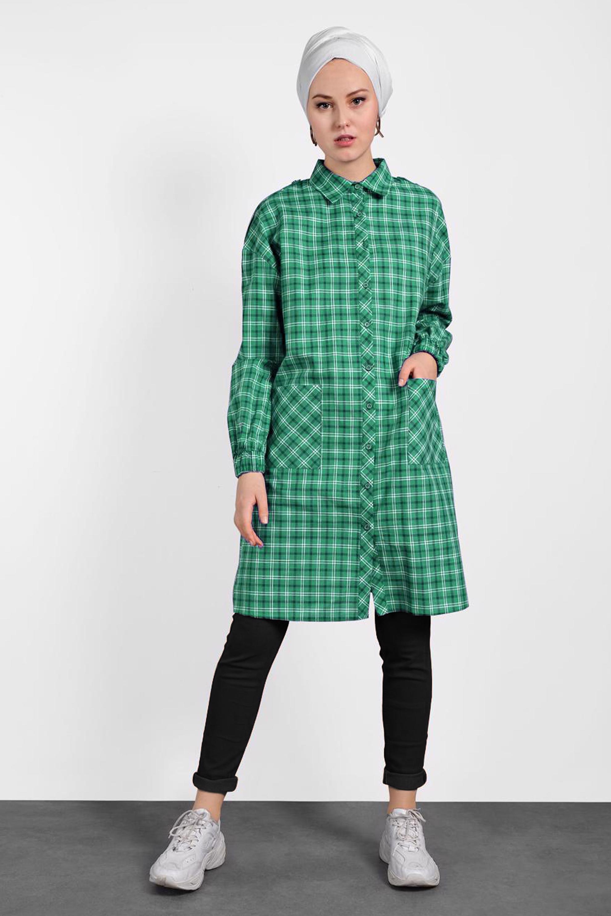 Tesettür giyim YEŞİL EKOSE DESENLİ PAMUKLU TUNİK 4305