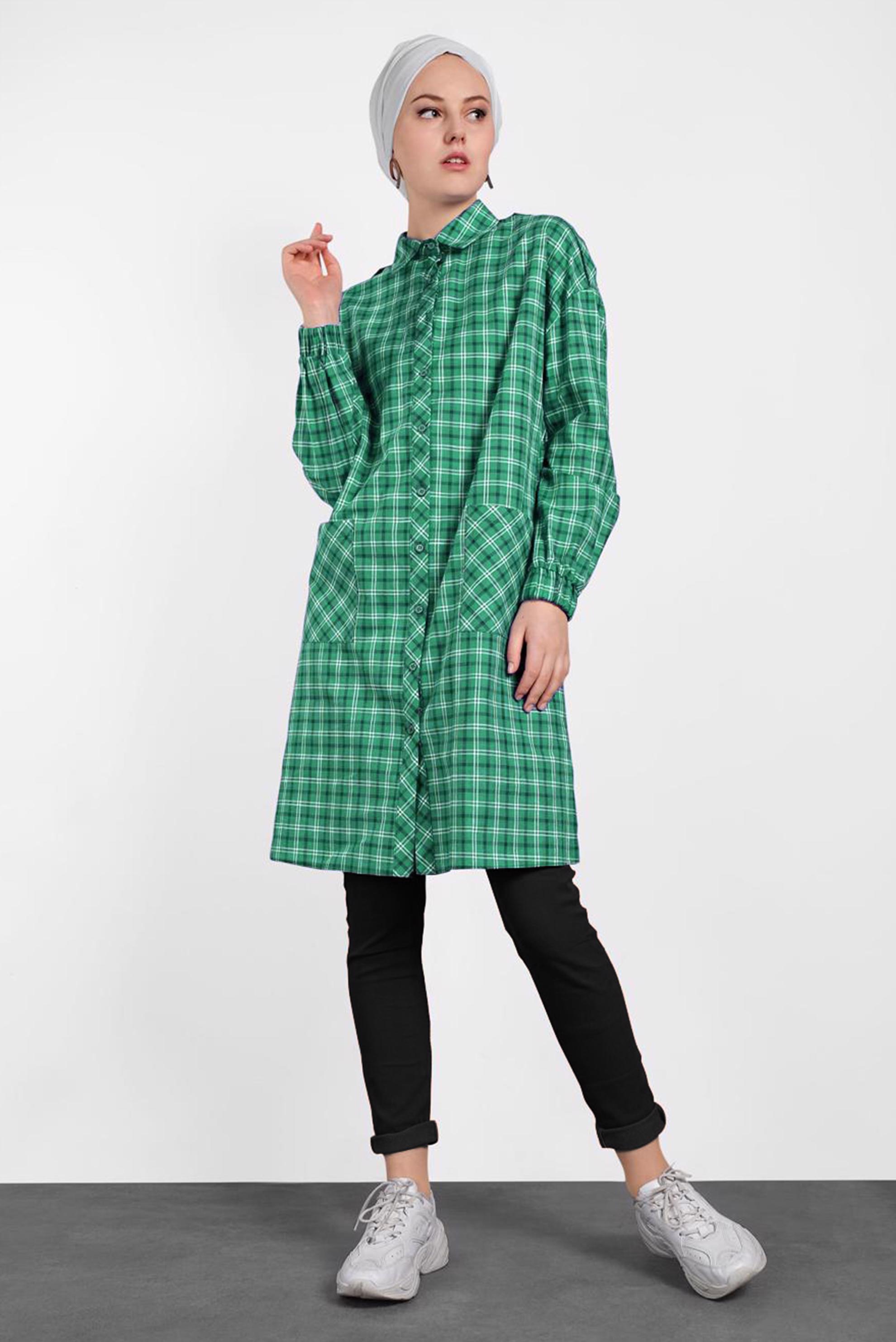 Tesettür giyim YEŞİL EKOSE DESENLİ PAMUKLU TUNİK 4305