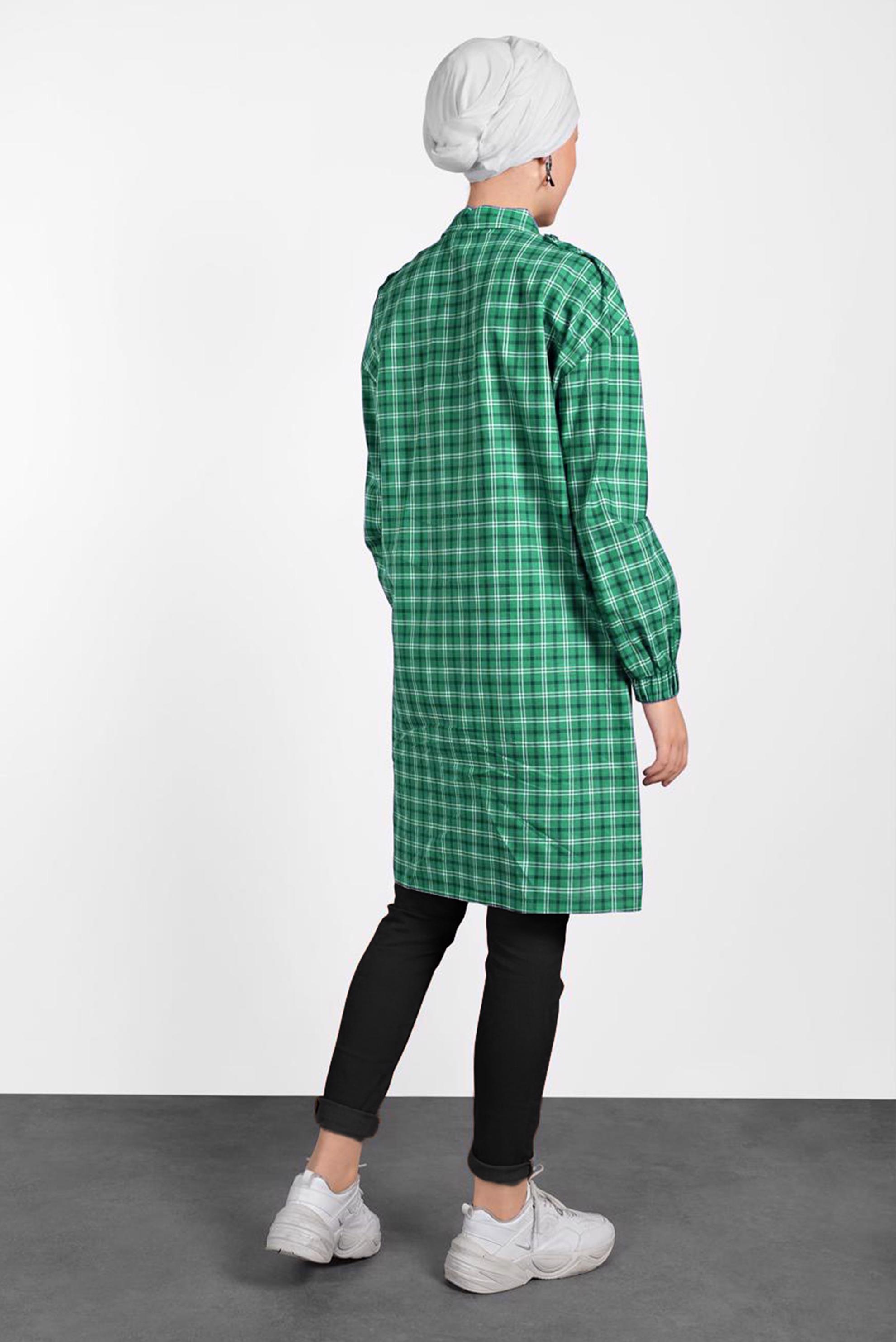 Tesettür giyim YEŞİL EKOSE DESENLİ PAMUKLU TUNİK 4305