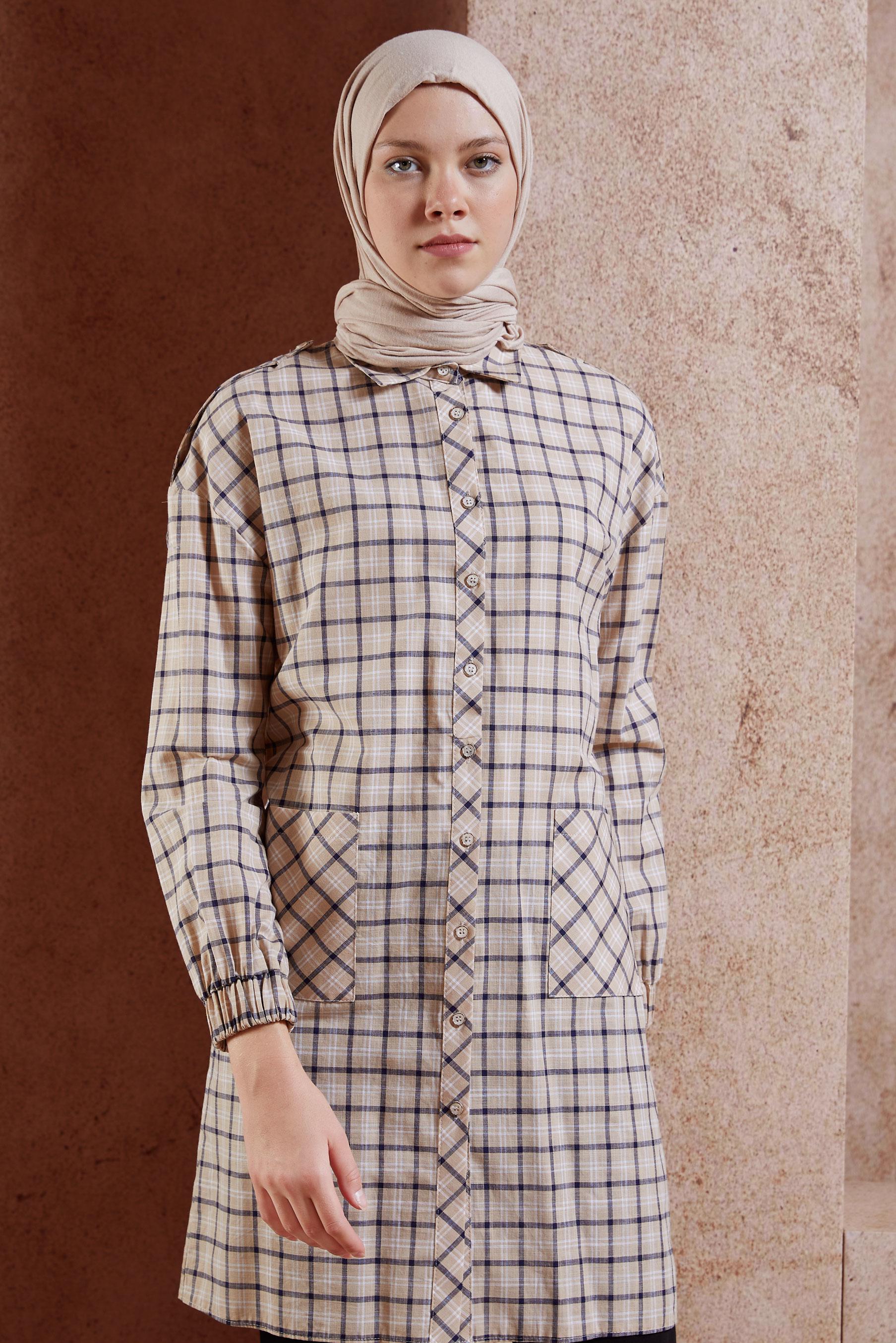 Tesettür giyim BEJ EKOSE DESENLİ PAMUKLU TUNİK 4305