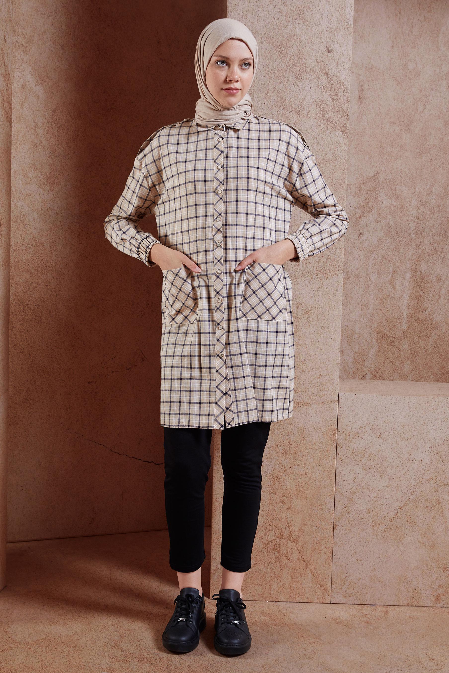 Tesettür giyim BEJ EKOSE DESENLİ PAMUKLU TUNİK 4305