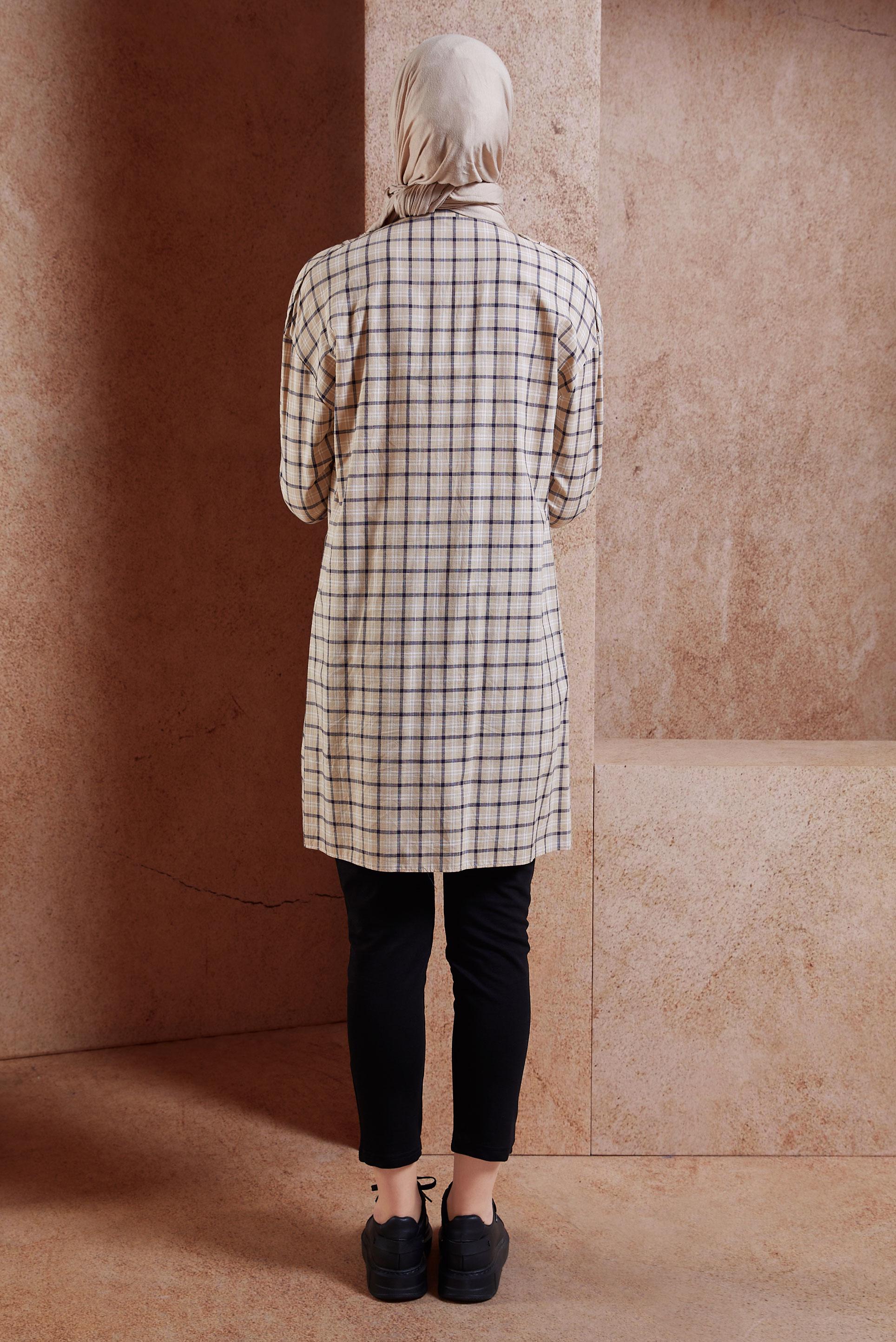 Tesettür giyim BEJ EKOSE DESENLİ PAMUKLU TUNİK 4305