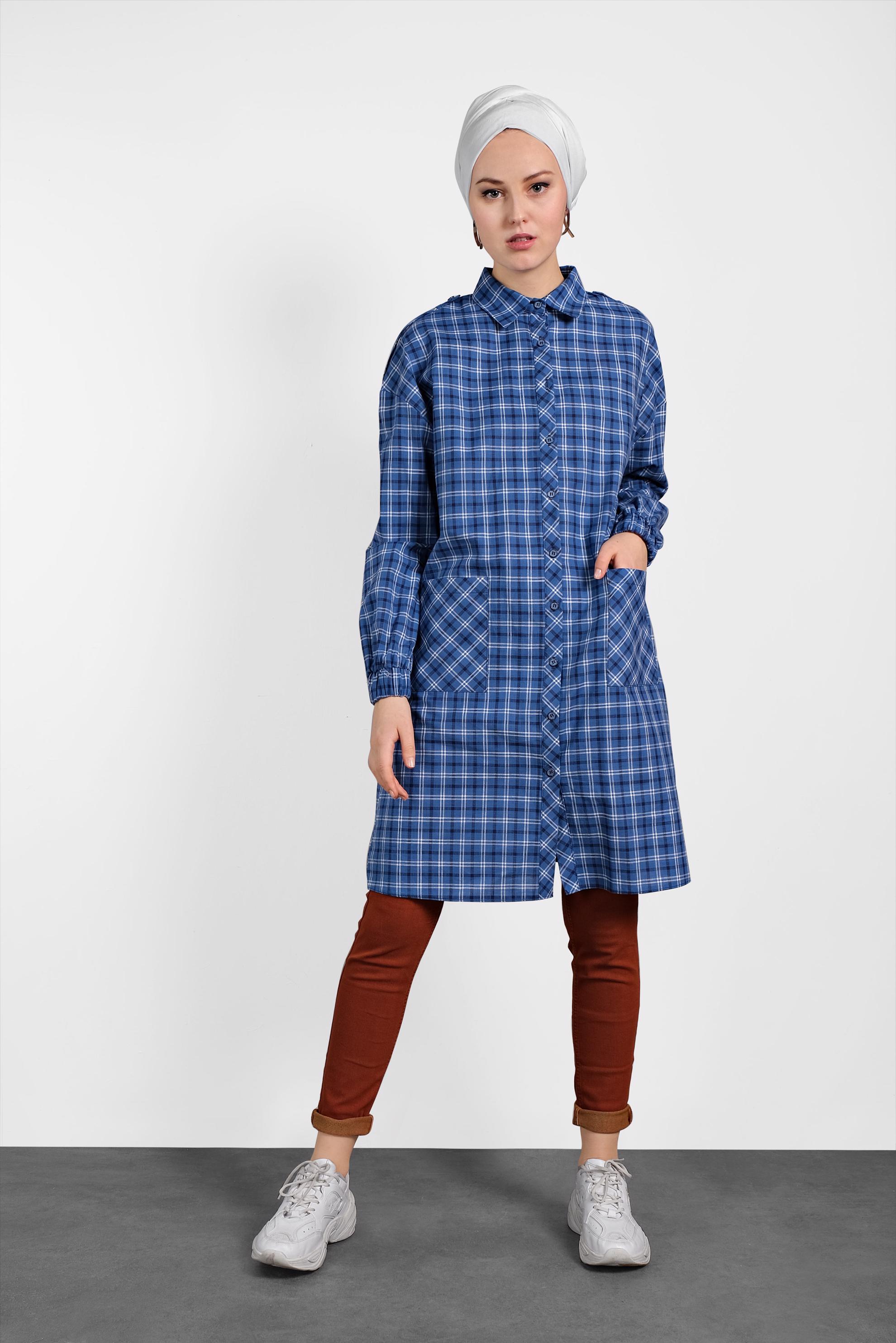 Tesettür giyim LACİVERT EKOSE DESENLİ PAMUKLU TUNİK 4305