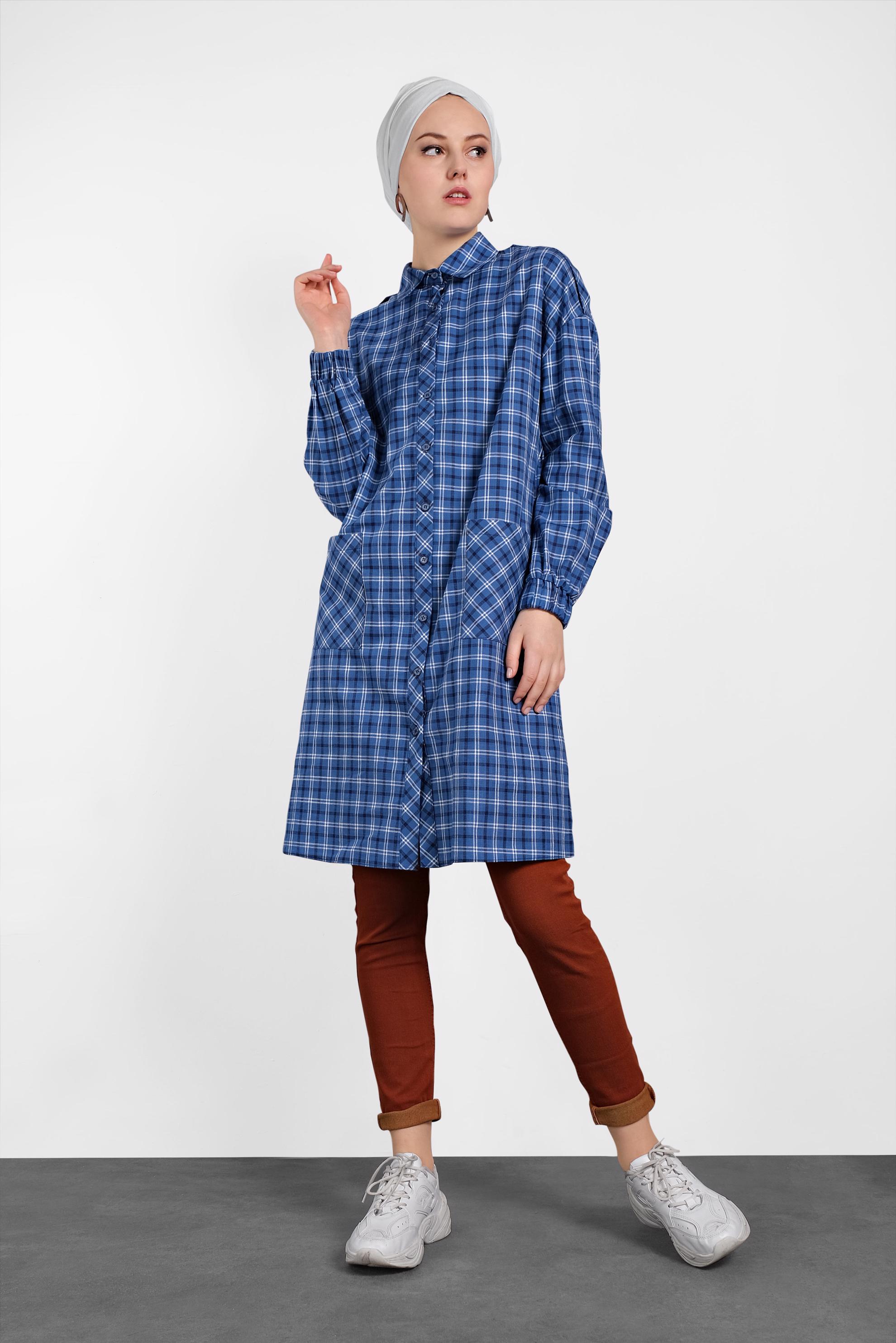 Tesettür giyim LACİVERT EKOSE DESENLİ PAMUKLU TUNİK 4305