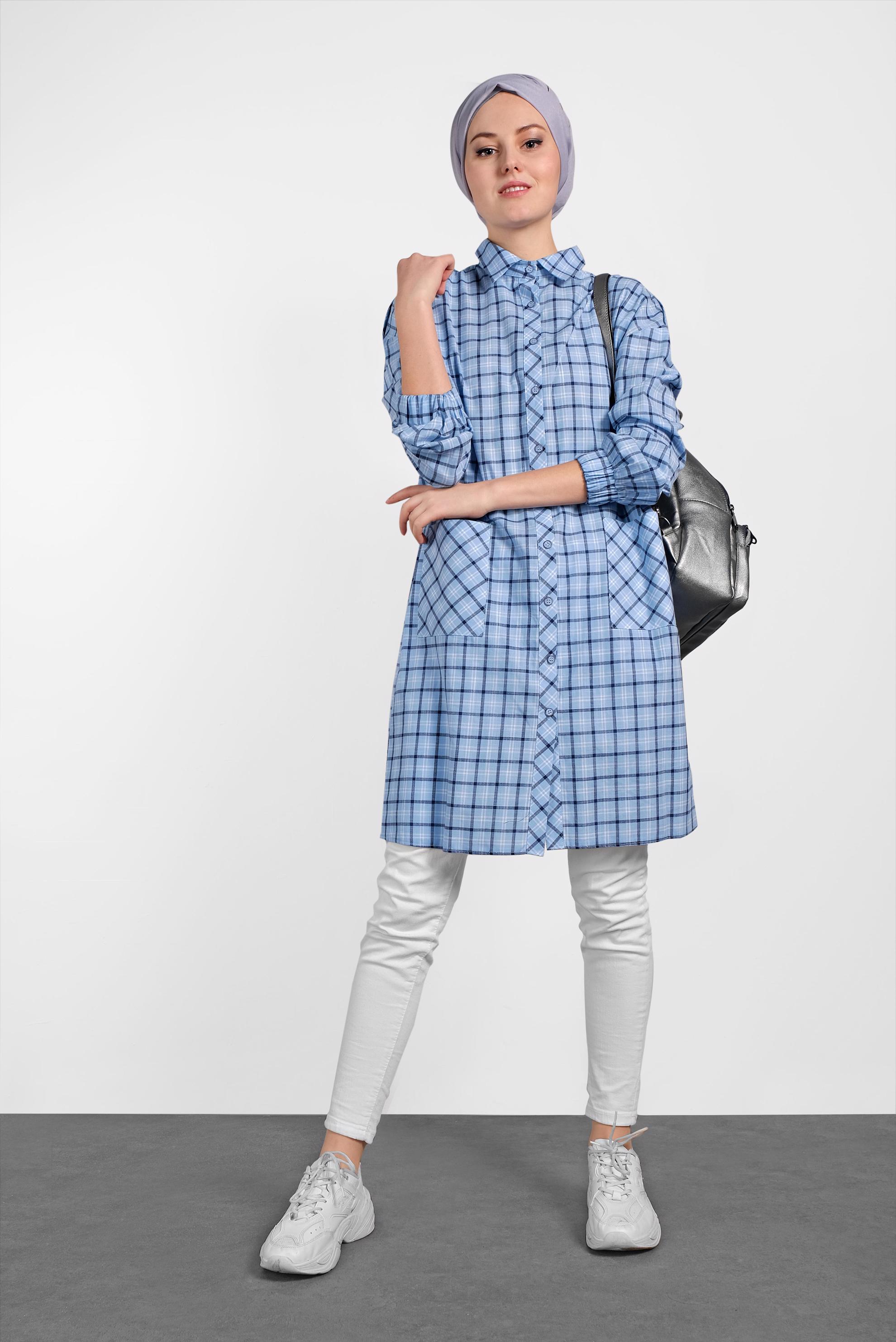 Tesettür giyim MAVİ EKOSE DESENLİ PAMUKLU TUNİK 4305