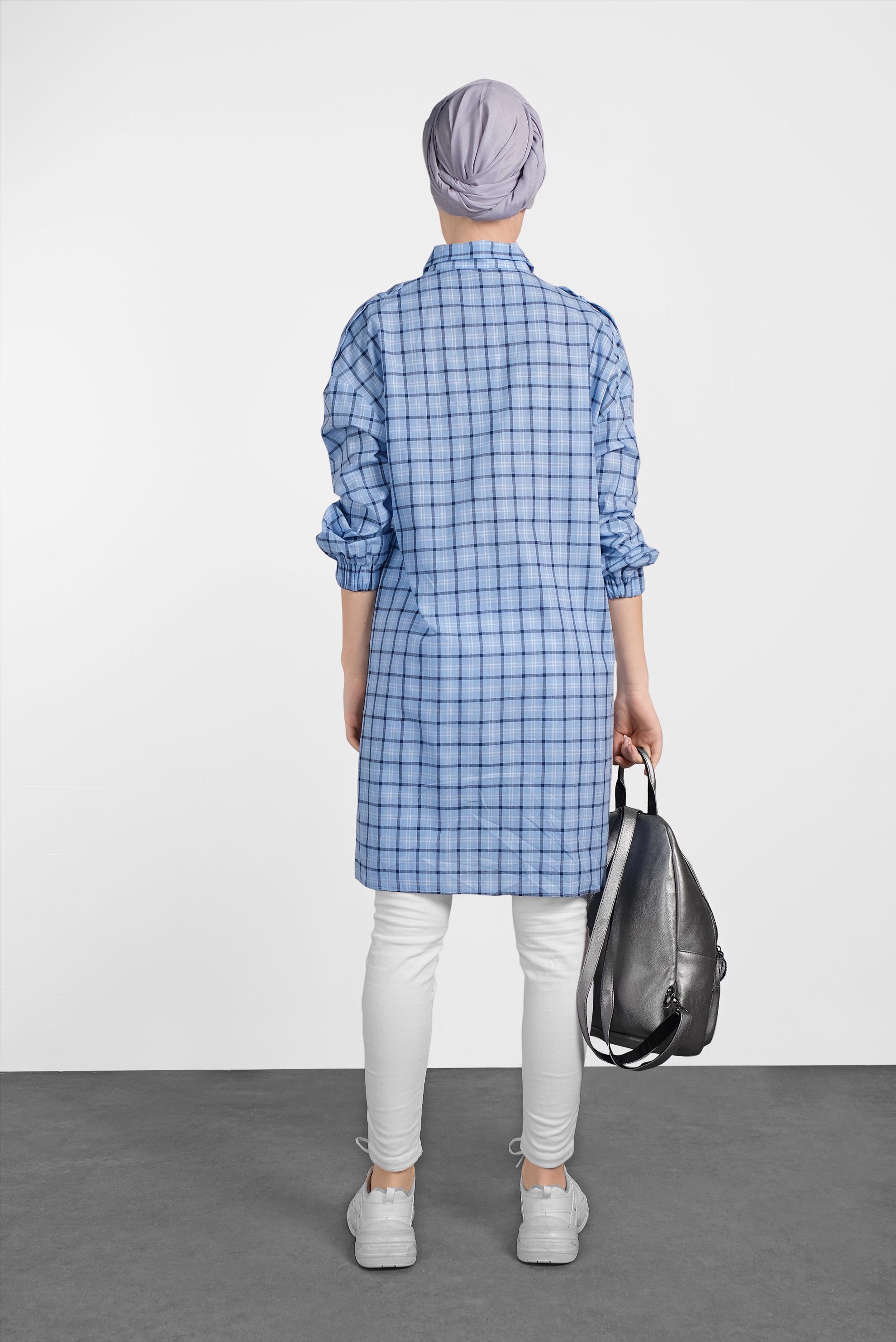 Tesettür giyim MAVİ EKOSE DESENLİ PAMUKLU TUNİK 4305