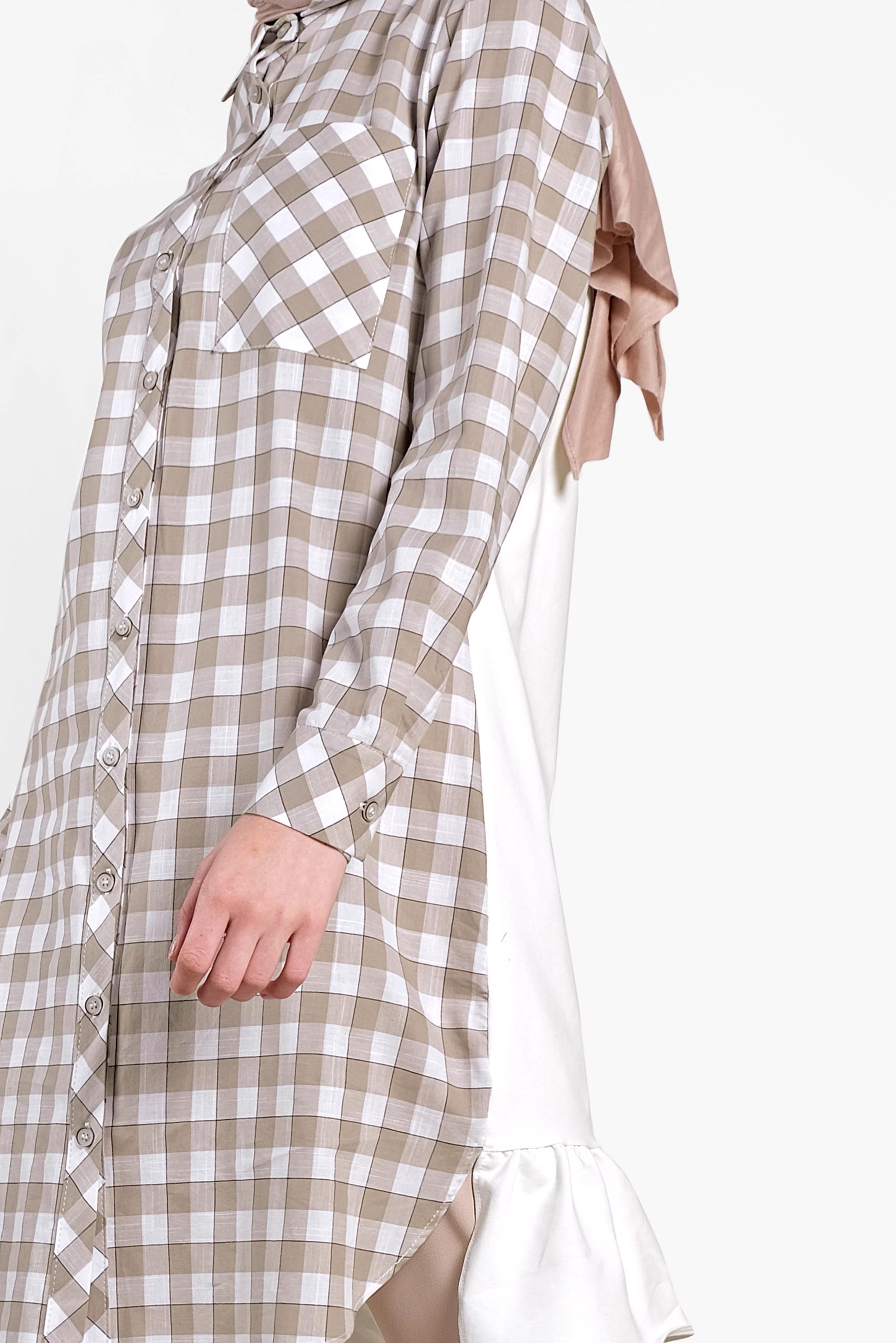 Tesettür giyim BEJ SIRT KISMI İŞLEMELİ EKOSE TUNİK 4308