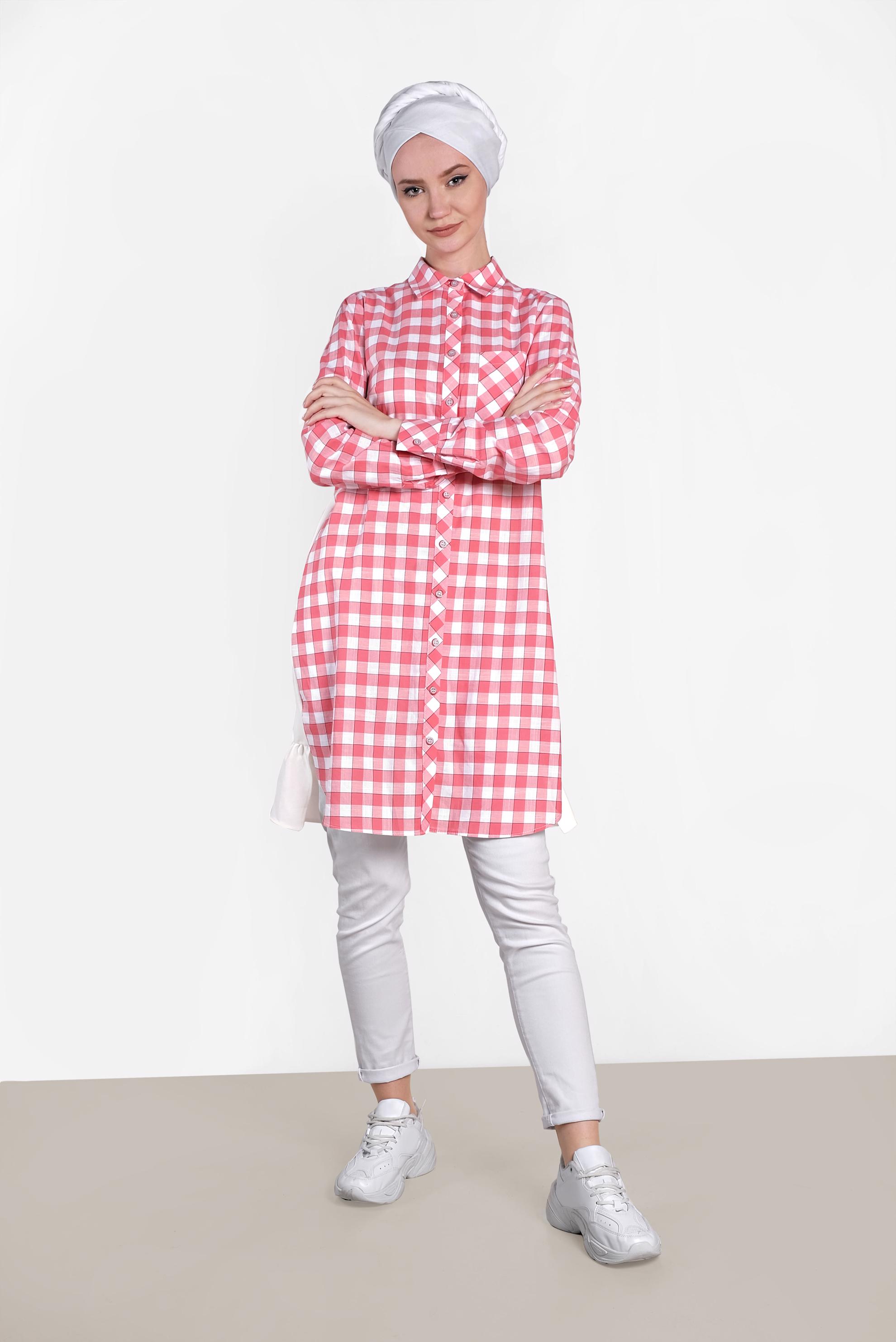 Tesettür giyim MERCAN SIRT KISMI İŞLEMELİ EKOSE TUNİK 4308