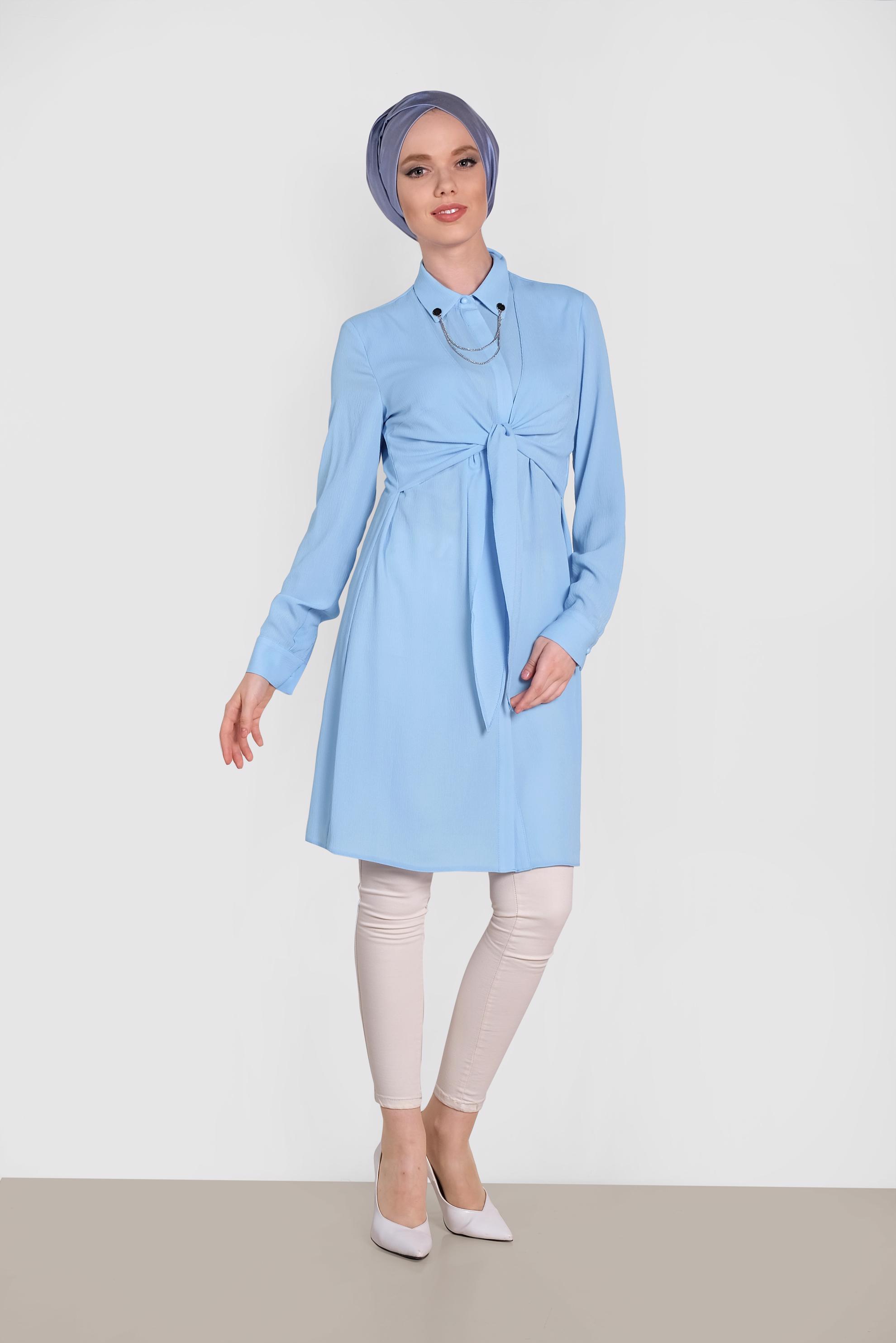 Tesettür giyim MAVİ ÖNÜ BAĞLAMA DETAYLI TUNİK 4313