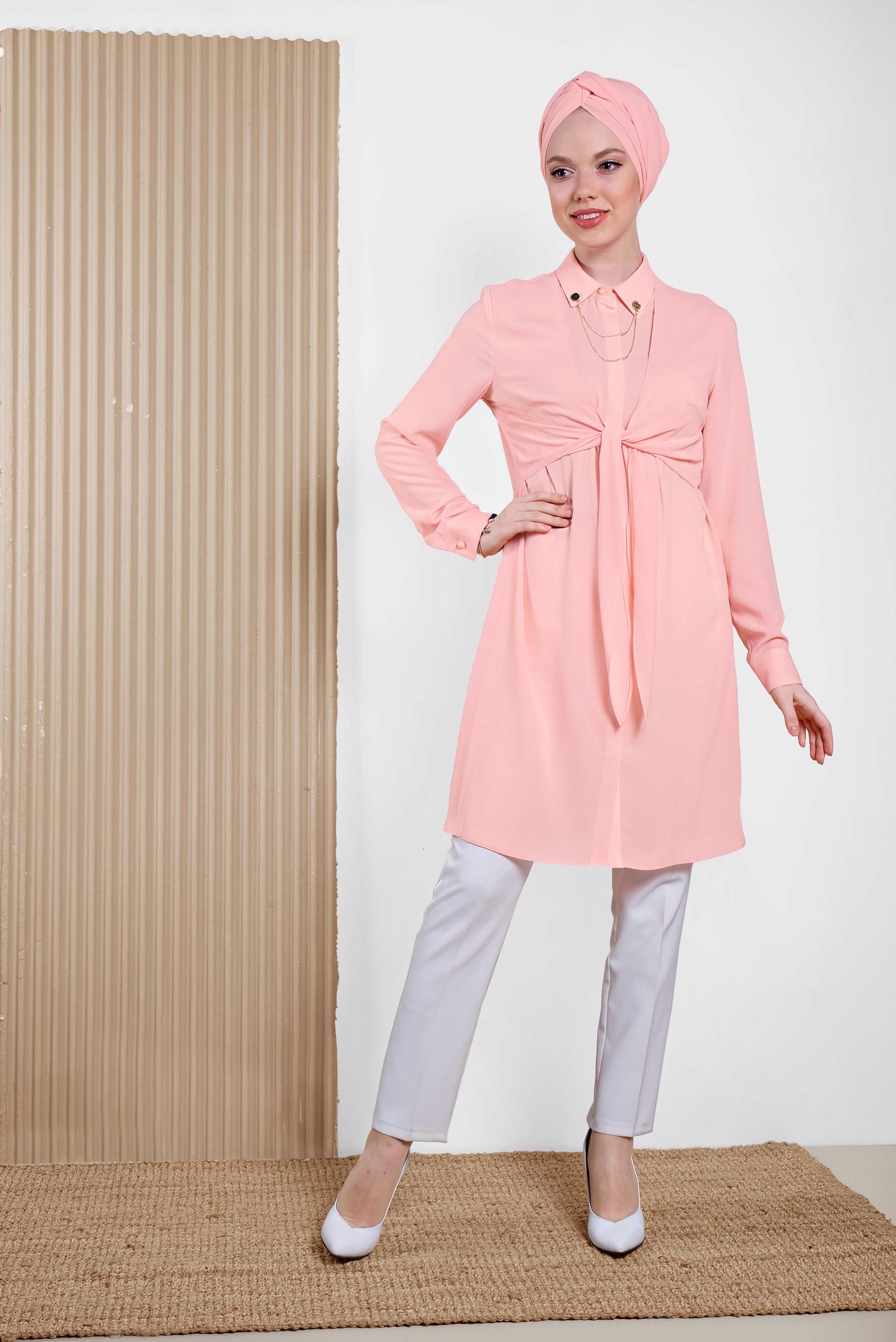 Tesettür giyim PUDRA ÖNÜ BAĞLAMA DETAYLI TUNİK 4313