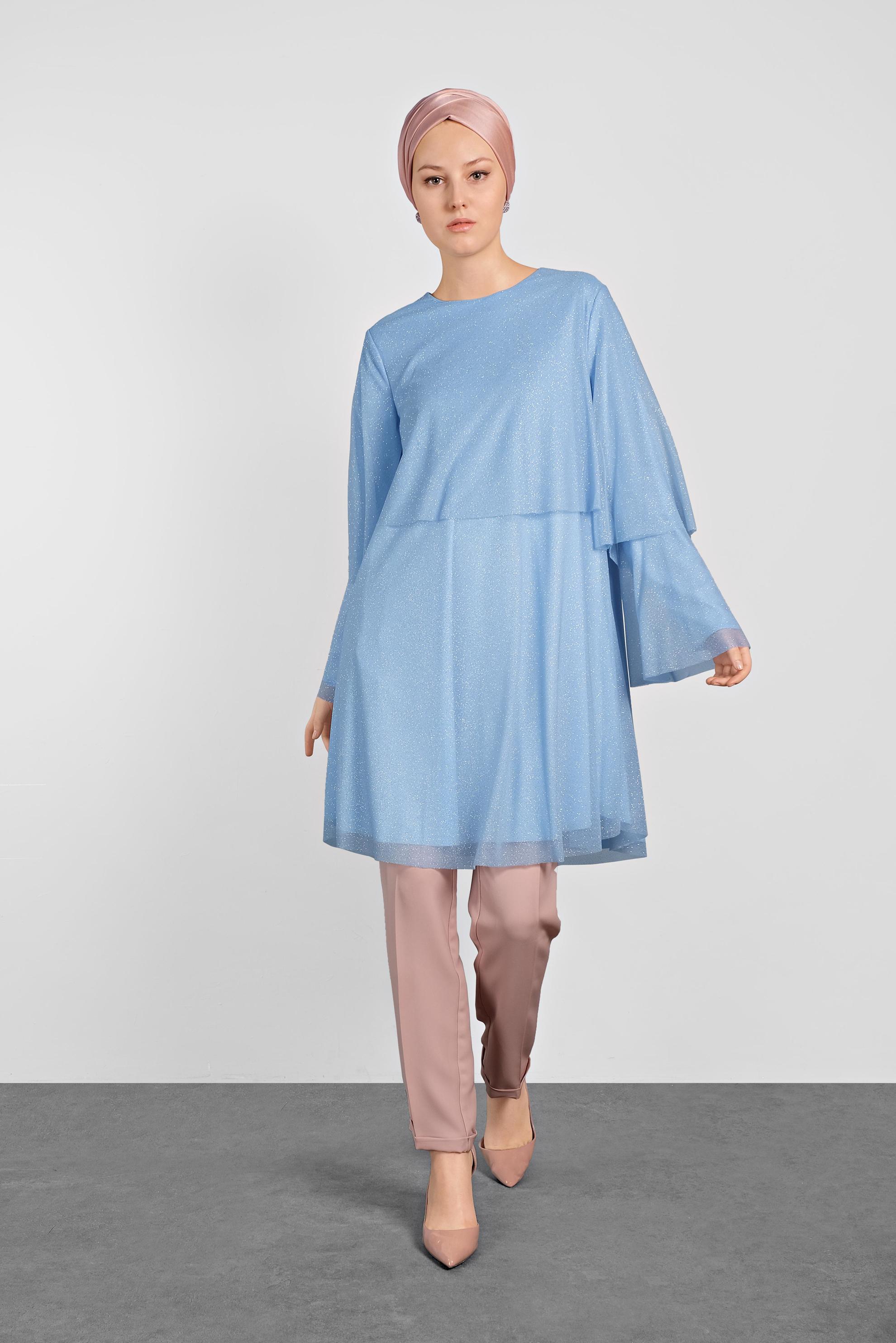 Tesettür giyim MAVİ SİMLİ GENİŞ KESİM TUNİK 4316