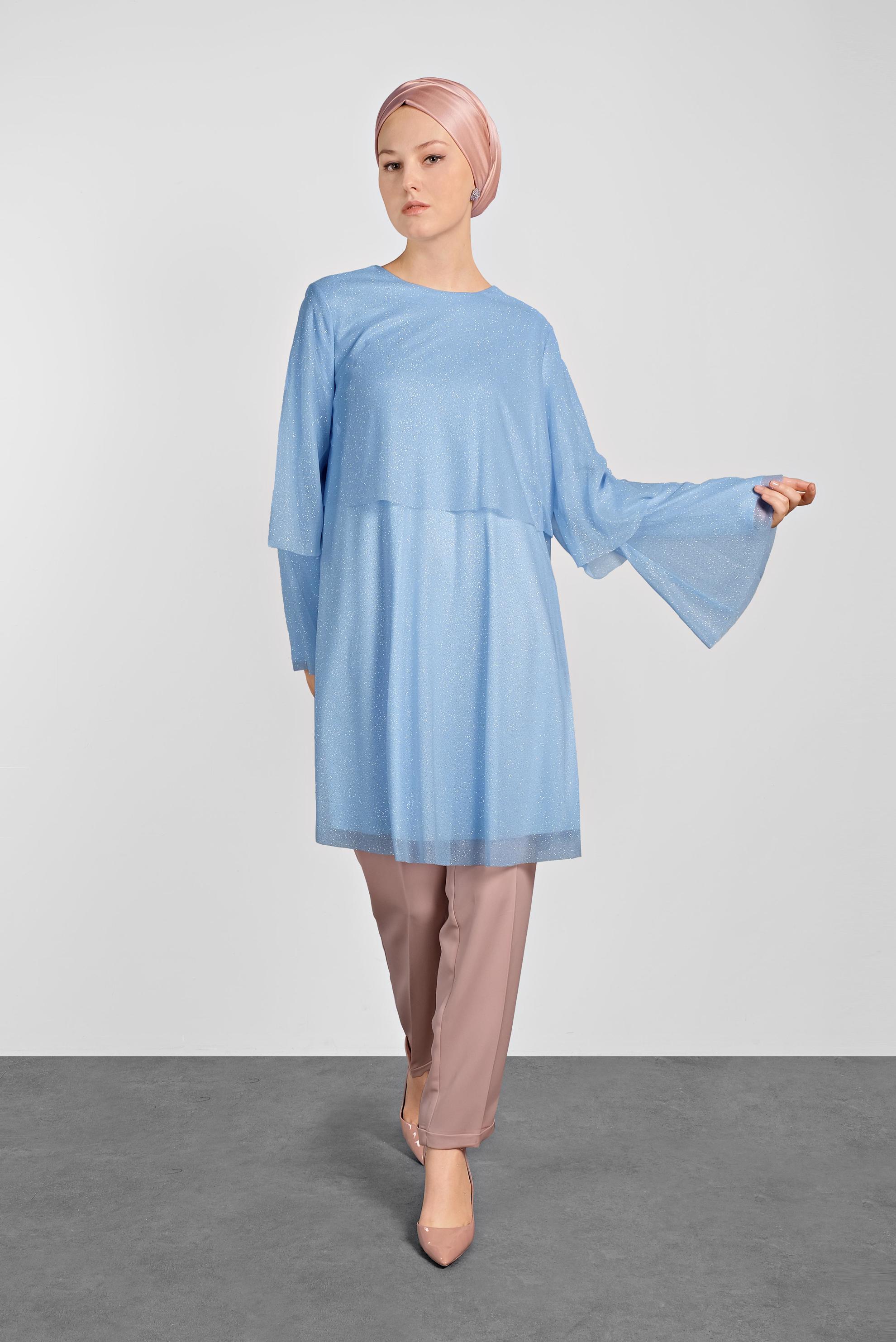 Tesettür giyim MAVİ SİMLİ GENİŞ KESİM TUNİK 4316