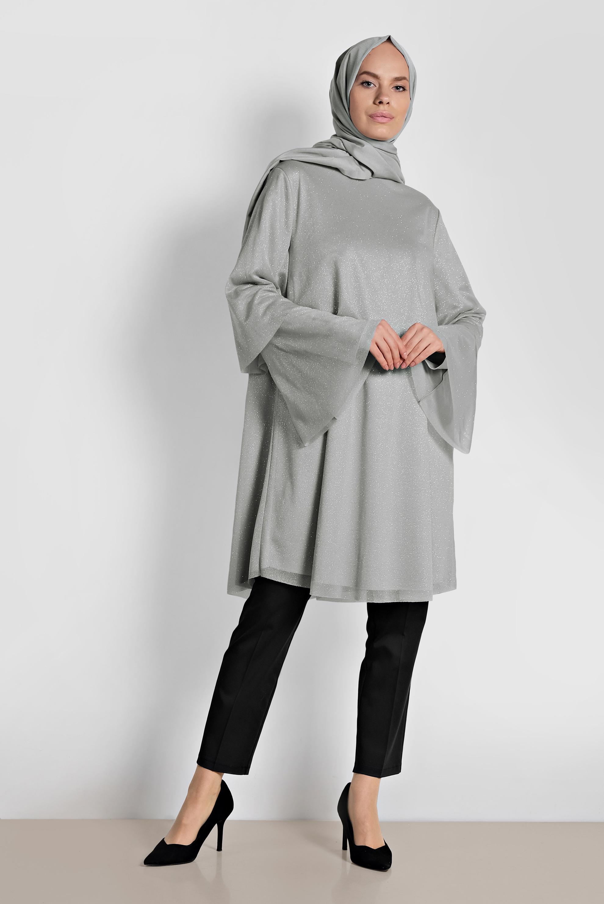 Tesettür giyim GRİ SİMLİ GENİŞ KESİM TUNİK 4316
