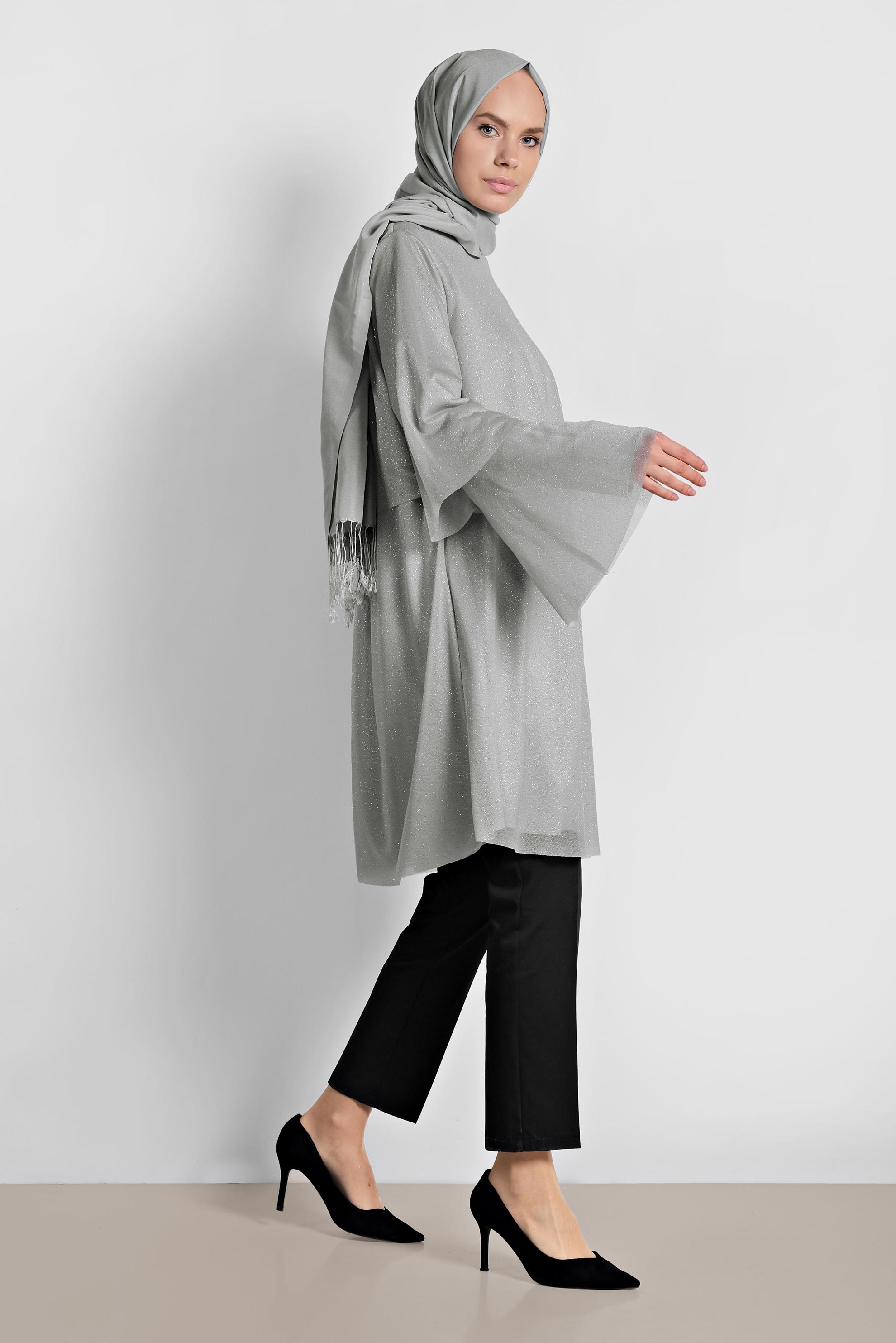 Tesettür giyim GRİ SİMLİ GENİŞ KESİM TUNİK 4316