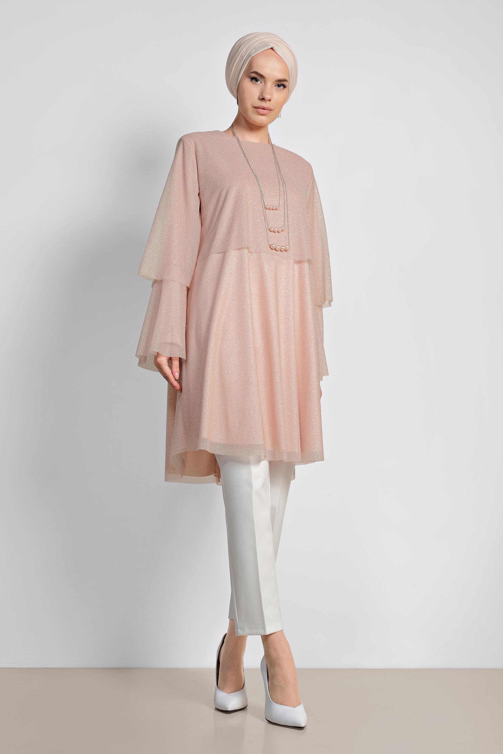 Tesettür giyim PUDRA SİMLİ GENİŞ KESİM TUNİK 4316