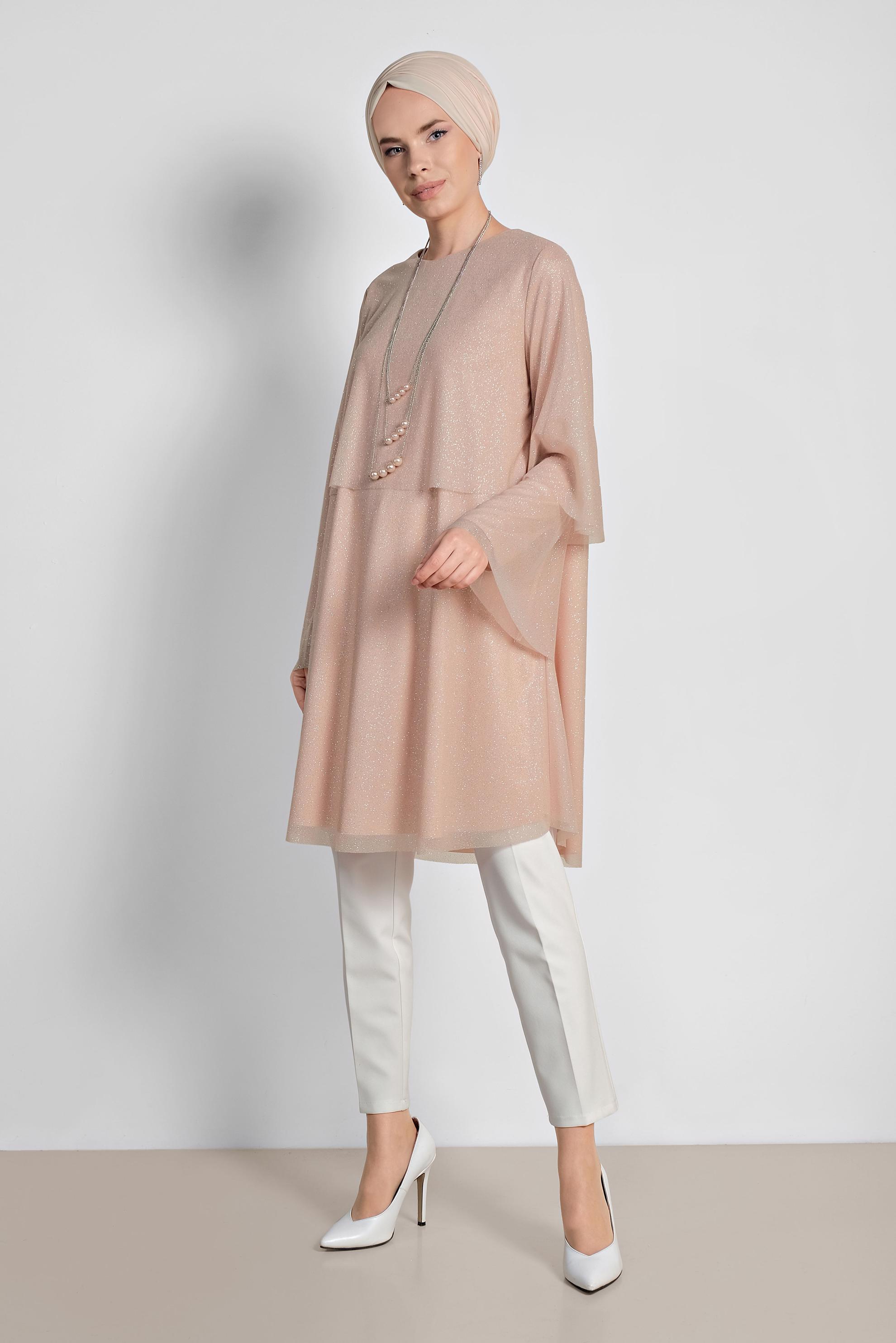 Tesettür giyim PUDRA SİMLİ GENİŞ KESİM TUNİK 4316