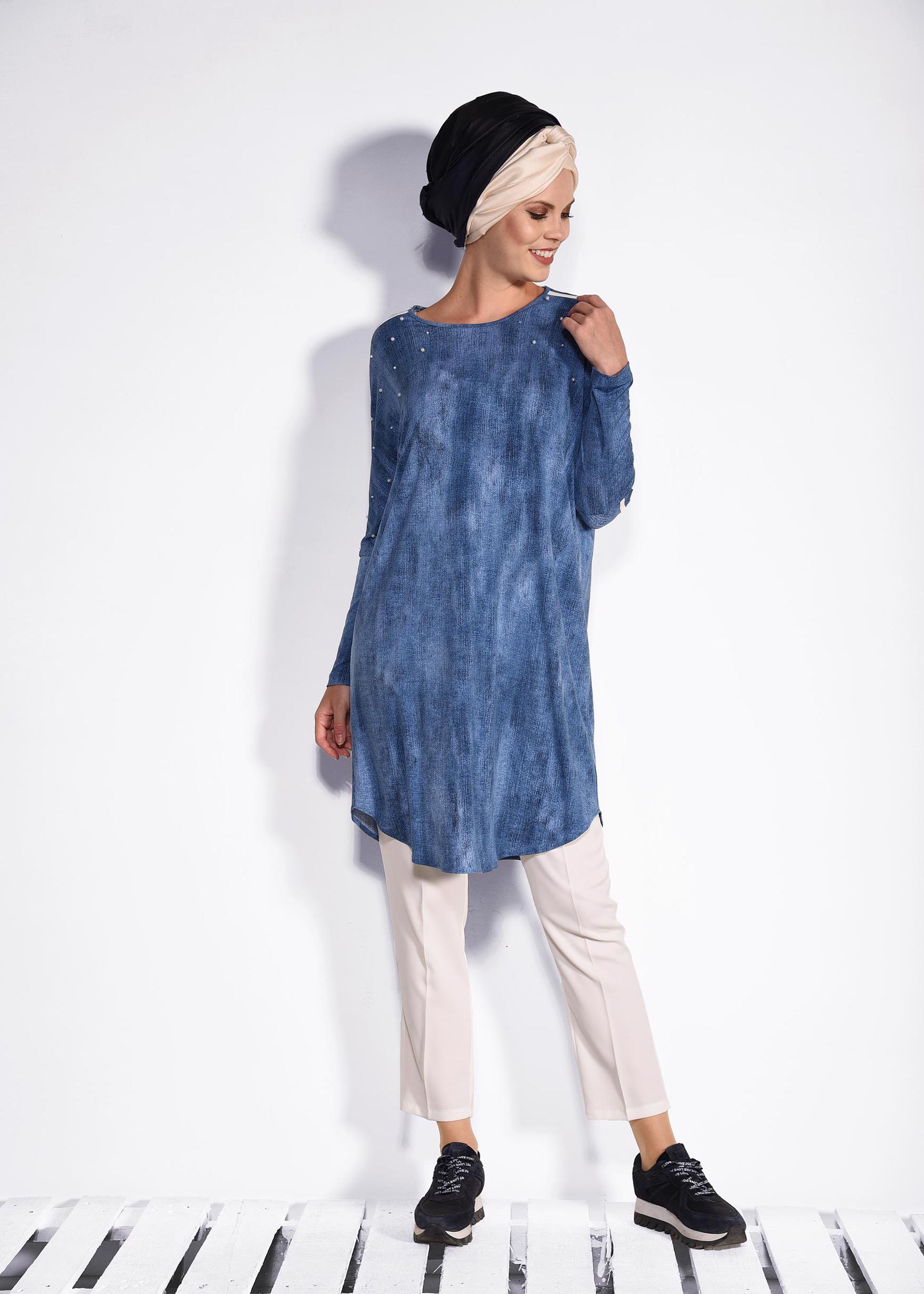 Tesettür giyim LACİVERT OMUZLARI ŞERİTLİ TUNİK 4326