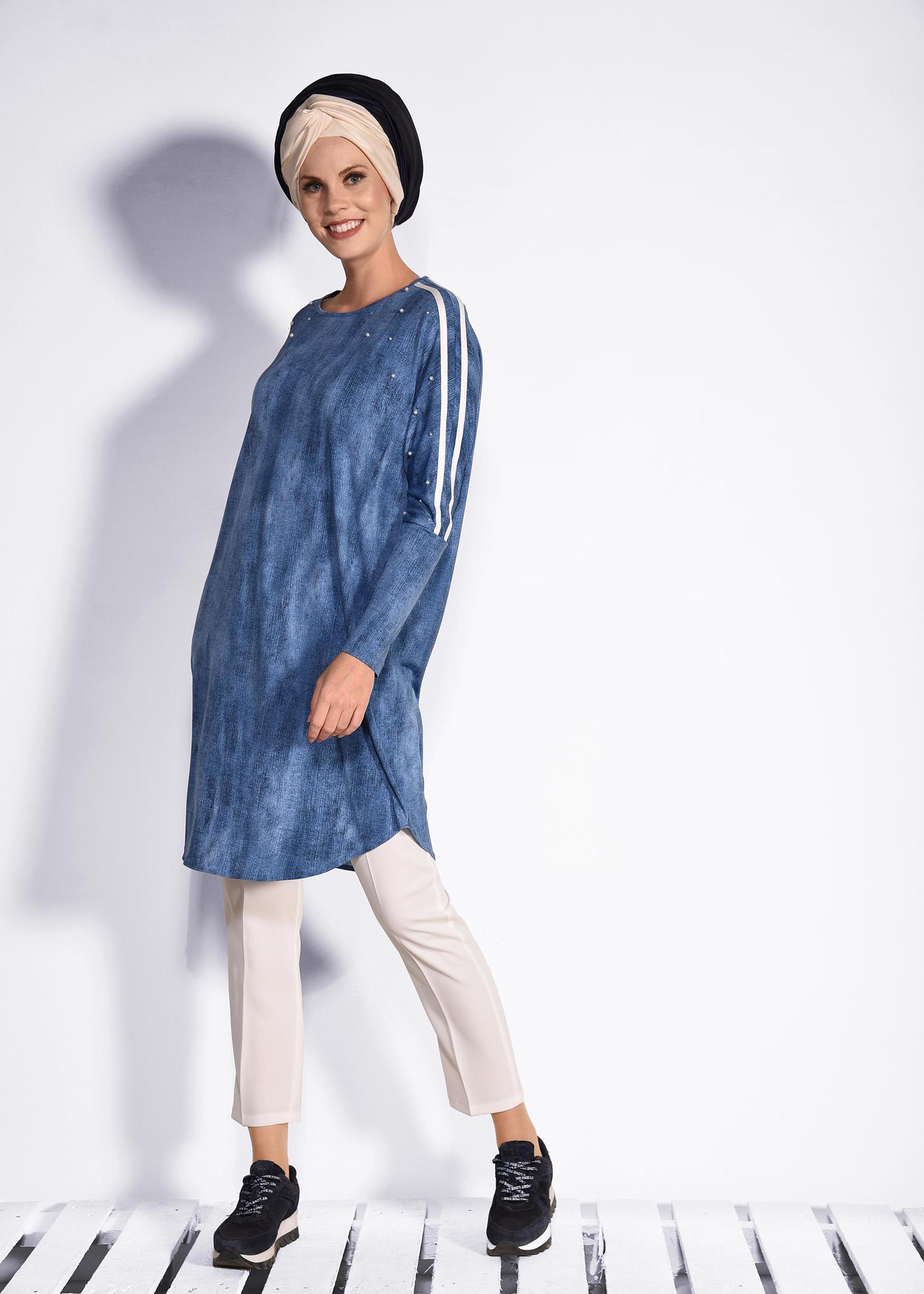 Tesettür giyim LACİVERT OMUZLARI ŞERİTLİ TUNİK 4326