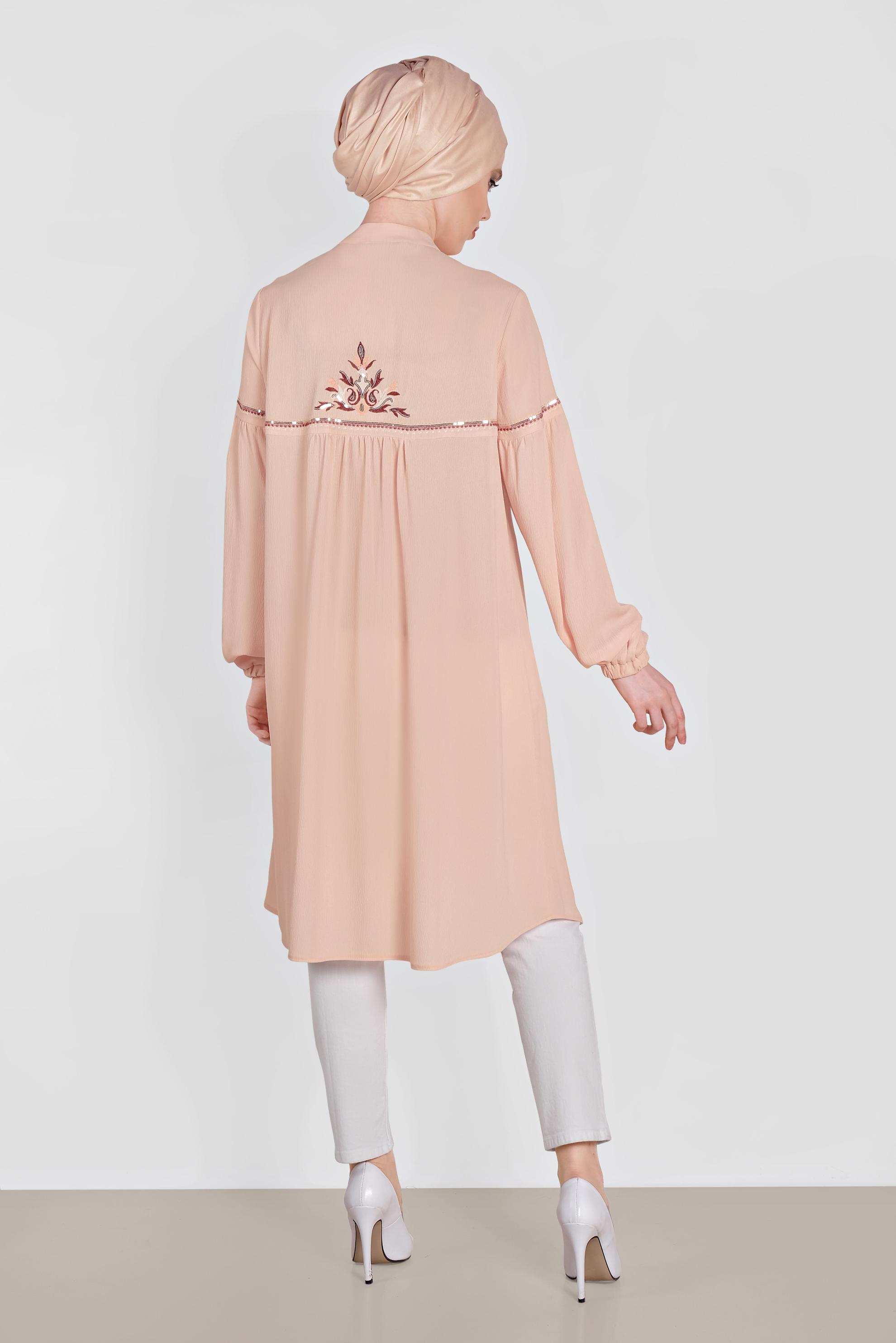 Tesettür giyim PUDRA FULAR YAKA NAKIŞLI TUNİK 4337