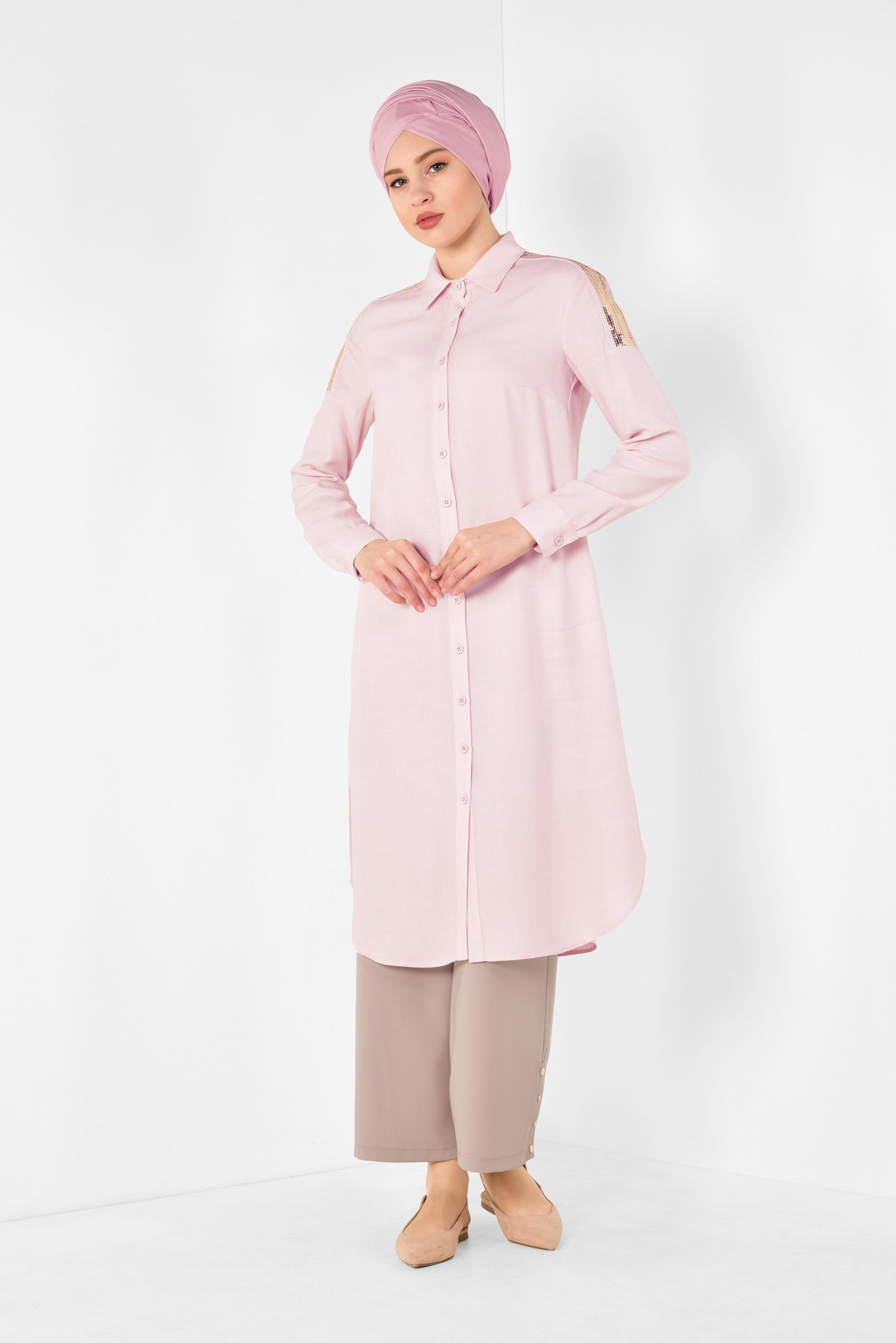 Tesettür giyim PUDRA OMUZLARI PAYETLİ TUNİK 4348