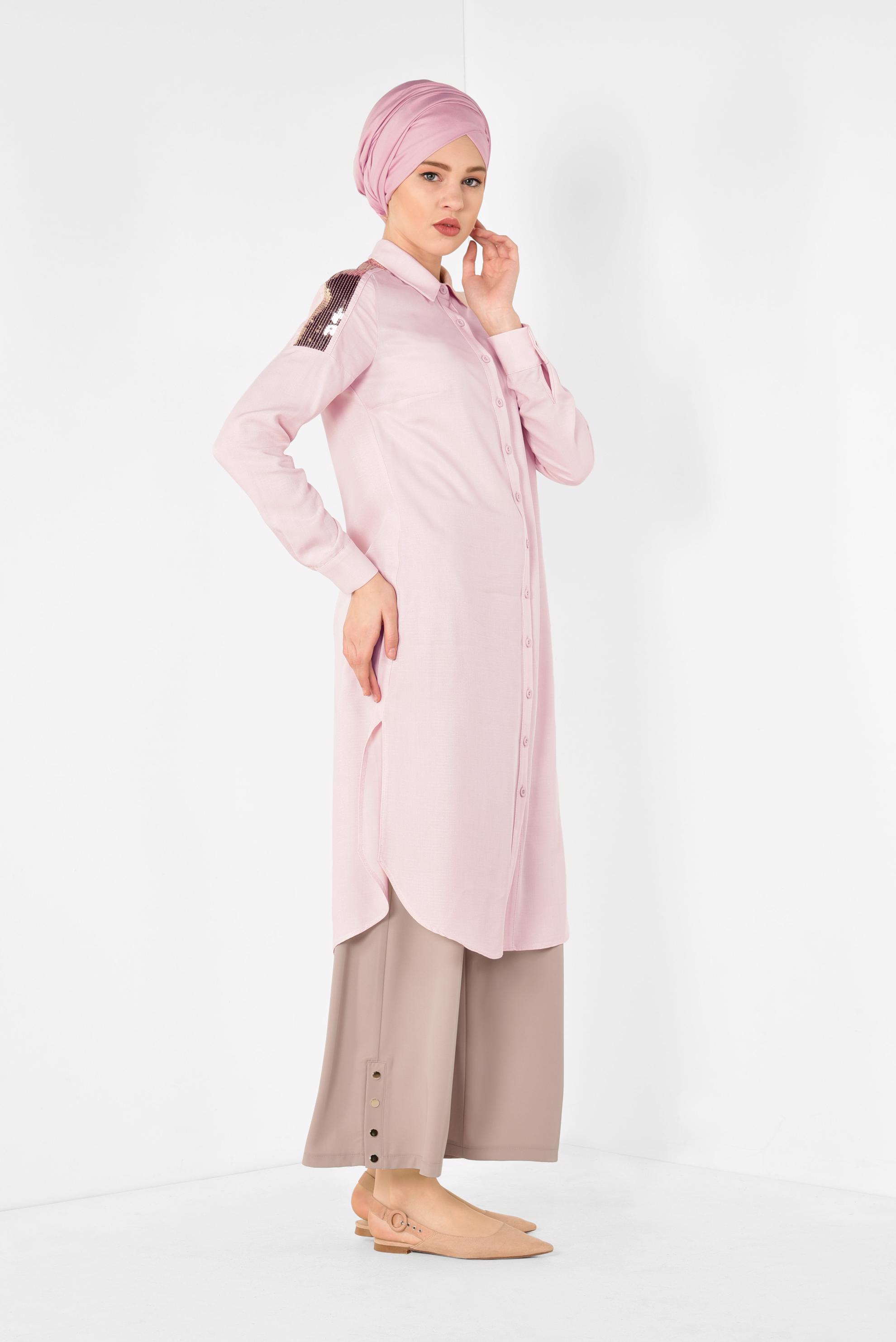 Tesettür giyim PUDRA OMUZLARI PAYETLİ TUNİK 4348