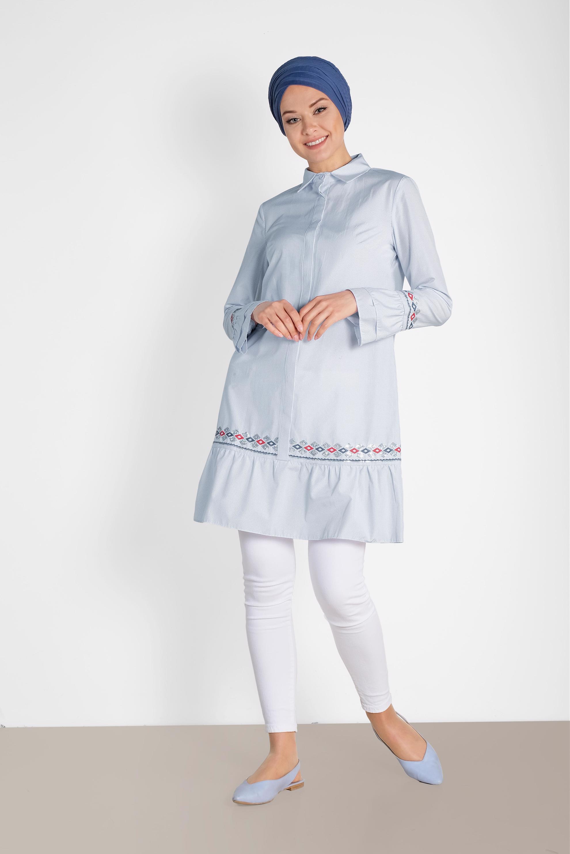 Tesettür giyim EKRU KARE DESENLİ NAKIŞLI TUNİK 4368