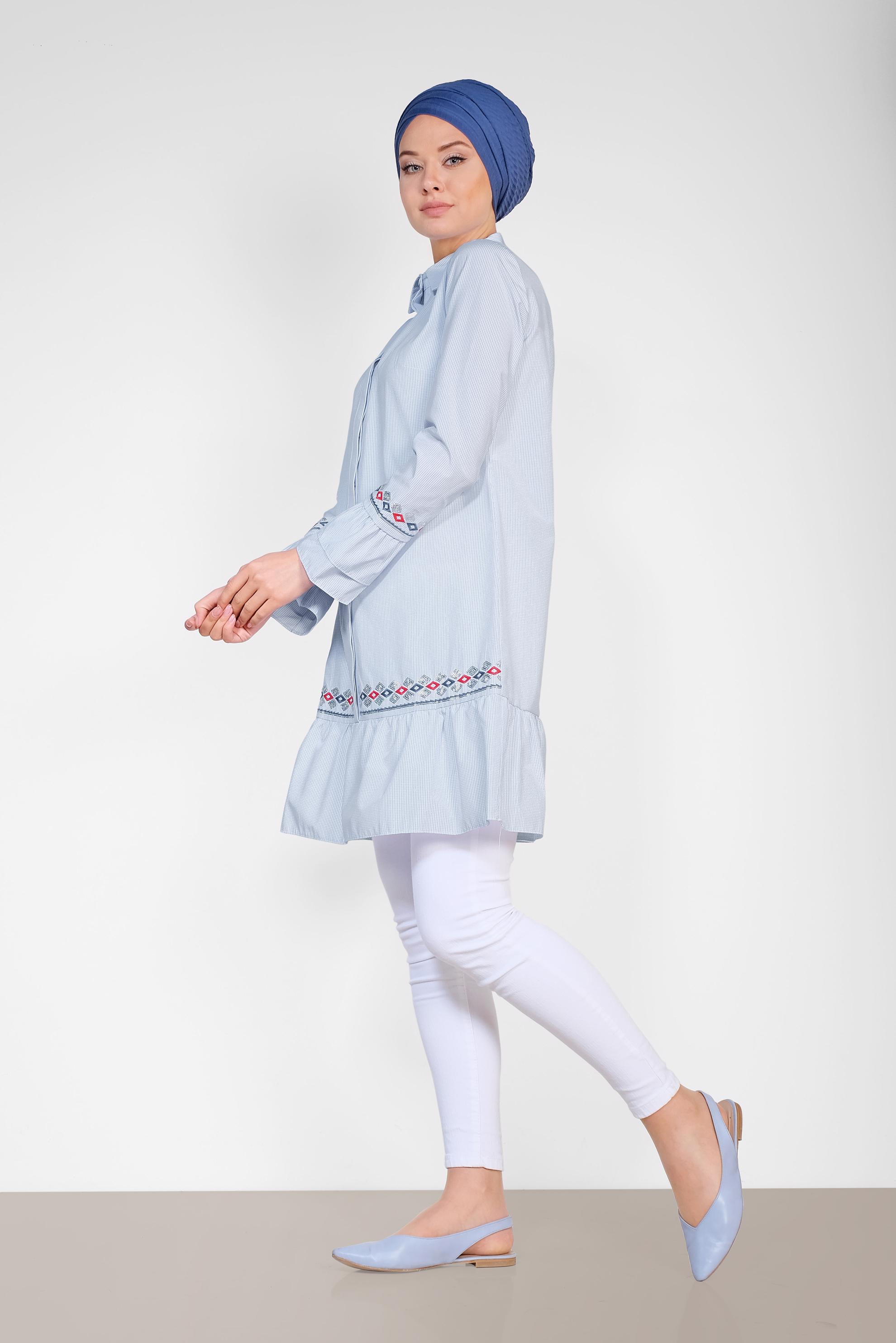 Tesettür giyim EKRU KARE DESENLİ NAKIŞLI TUNİK 4368