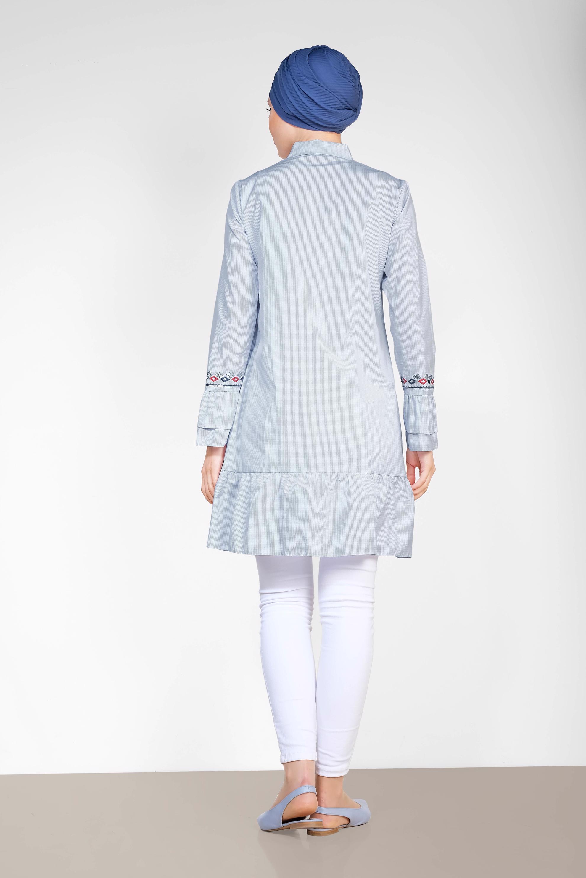 Tesettür giyim EKRU KARE DESENLİ NAKIŞLI TUNİK 4368