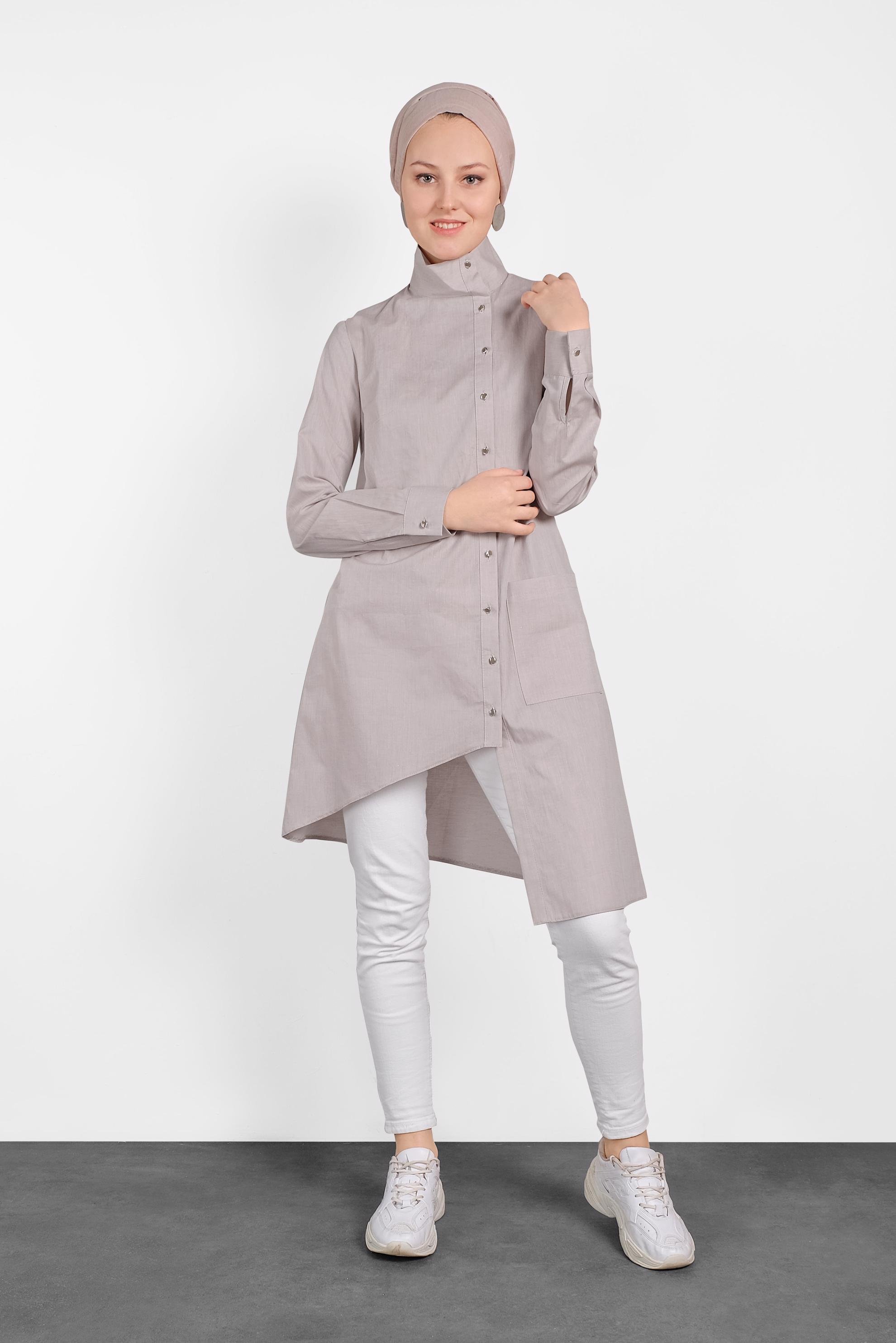 Tesettür giyim BEJ ASİMETRİK KESİM TUNİK 4371