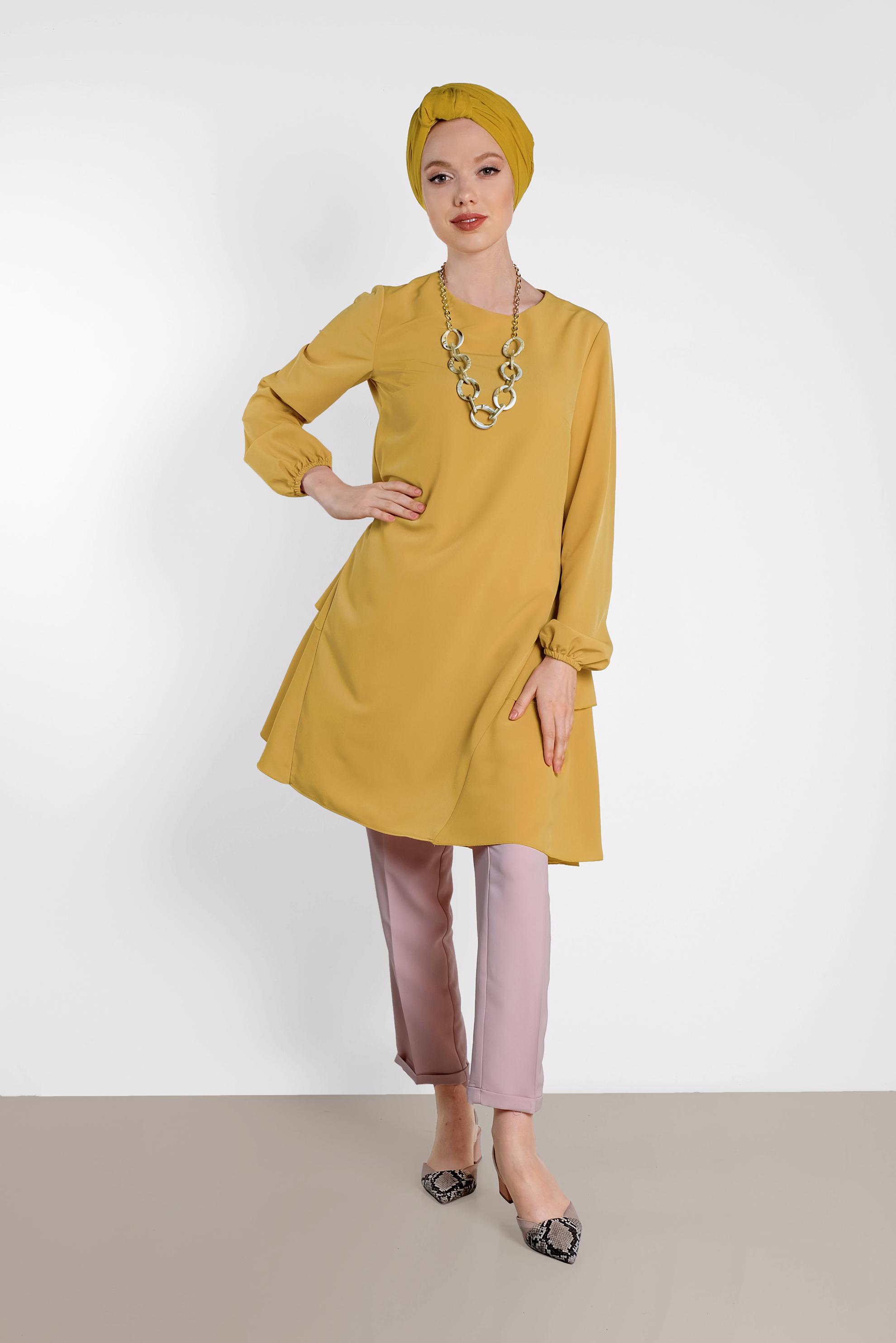 Tesettür giyim SARI KOLLARI LASTİKLİ FIRFIR DETAYLI TUNİK 4380