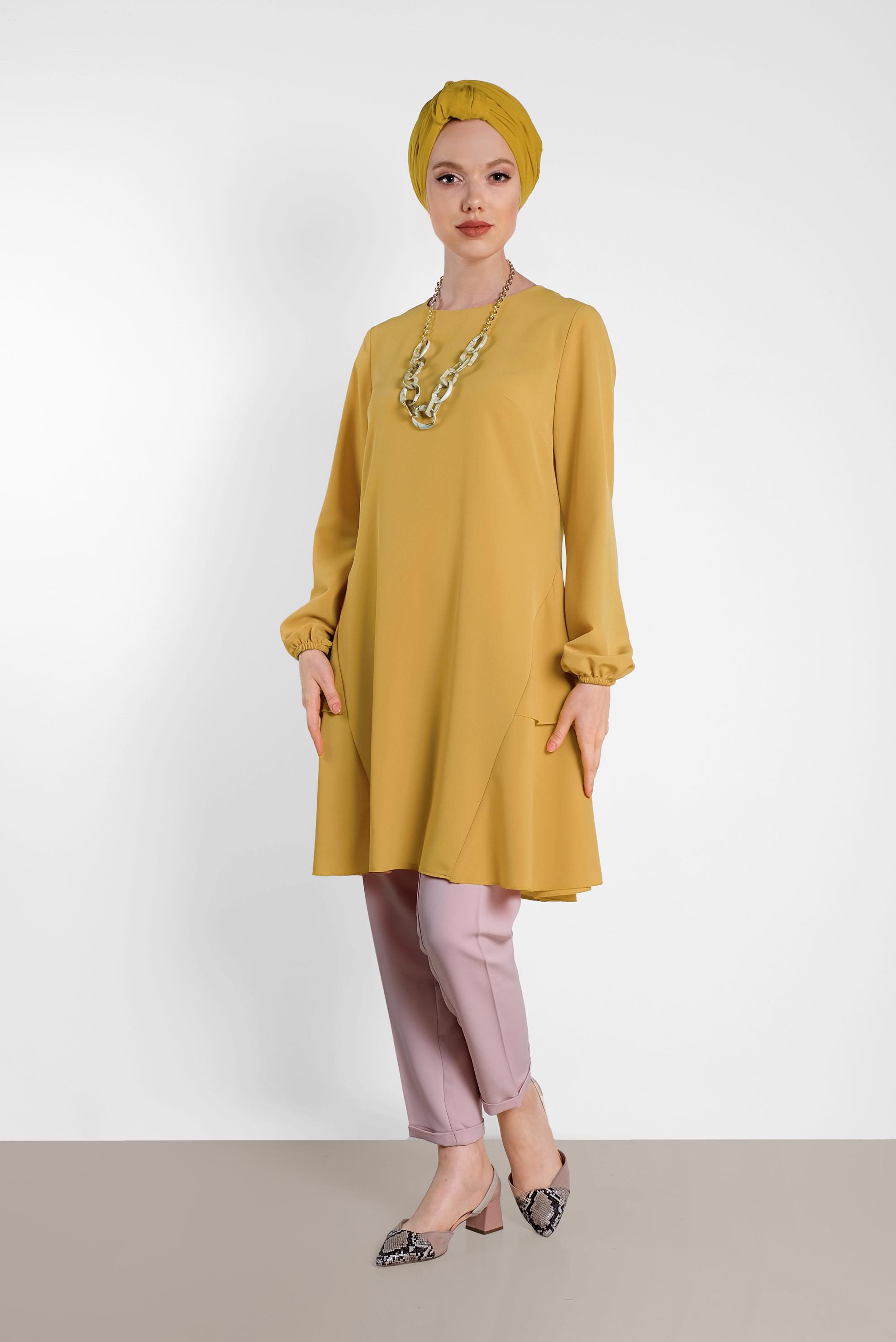 Tesettür giyim SARI KOLLARI LASTİKLİ FIRFIR DETAYLI TUNİK 4380