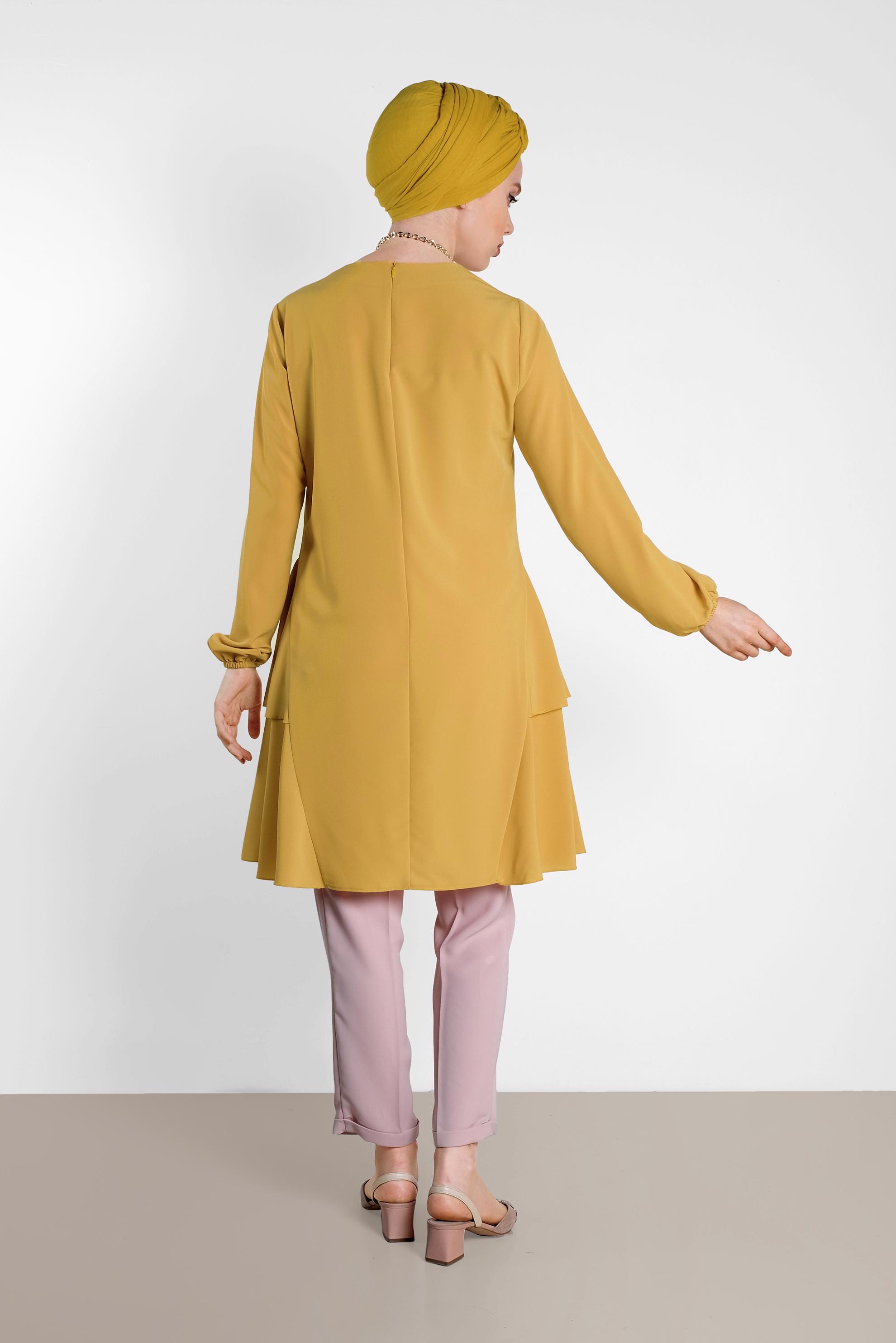 Tesettür giyim SARI KOLLARI LASTİKLİ FIRFIR DETAYLI TUNİK 4380