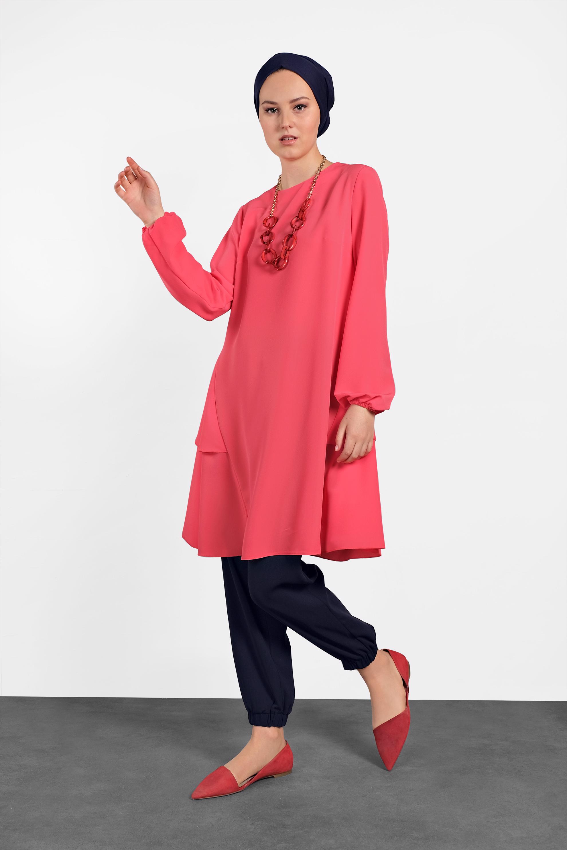 Tesettür giyim MERCAN KOLLARI LASTİKLİ FIRFIR DETAYLI TUNİK 4380