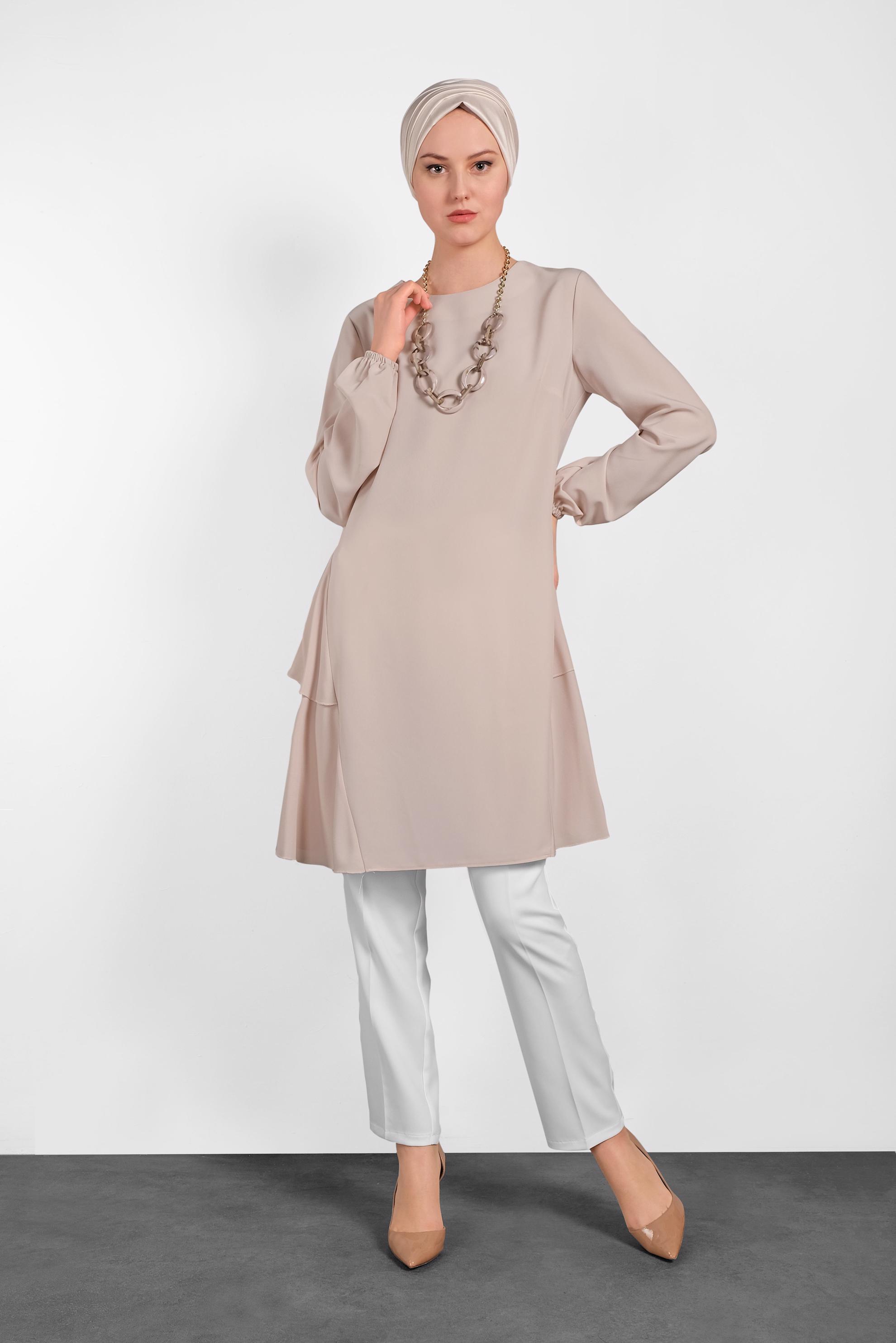 Tesettür giyim PUDRA KOLLARI LASTİKLİ FIRFIR DETAYLI TUNİK 4380